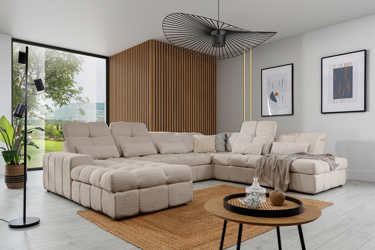 Elektrický rozkládací rohový gauč Magnelio U II pravý - béžová bouclé Catch Me 02 Rohová sedací souprava pravá strana rozkládací z elektricky wysuwanym sedadlem Magnelio U II - Béžová boucle Catch me 2 