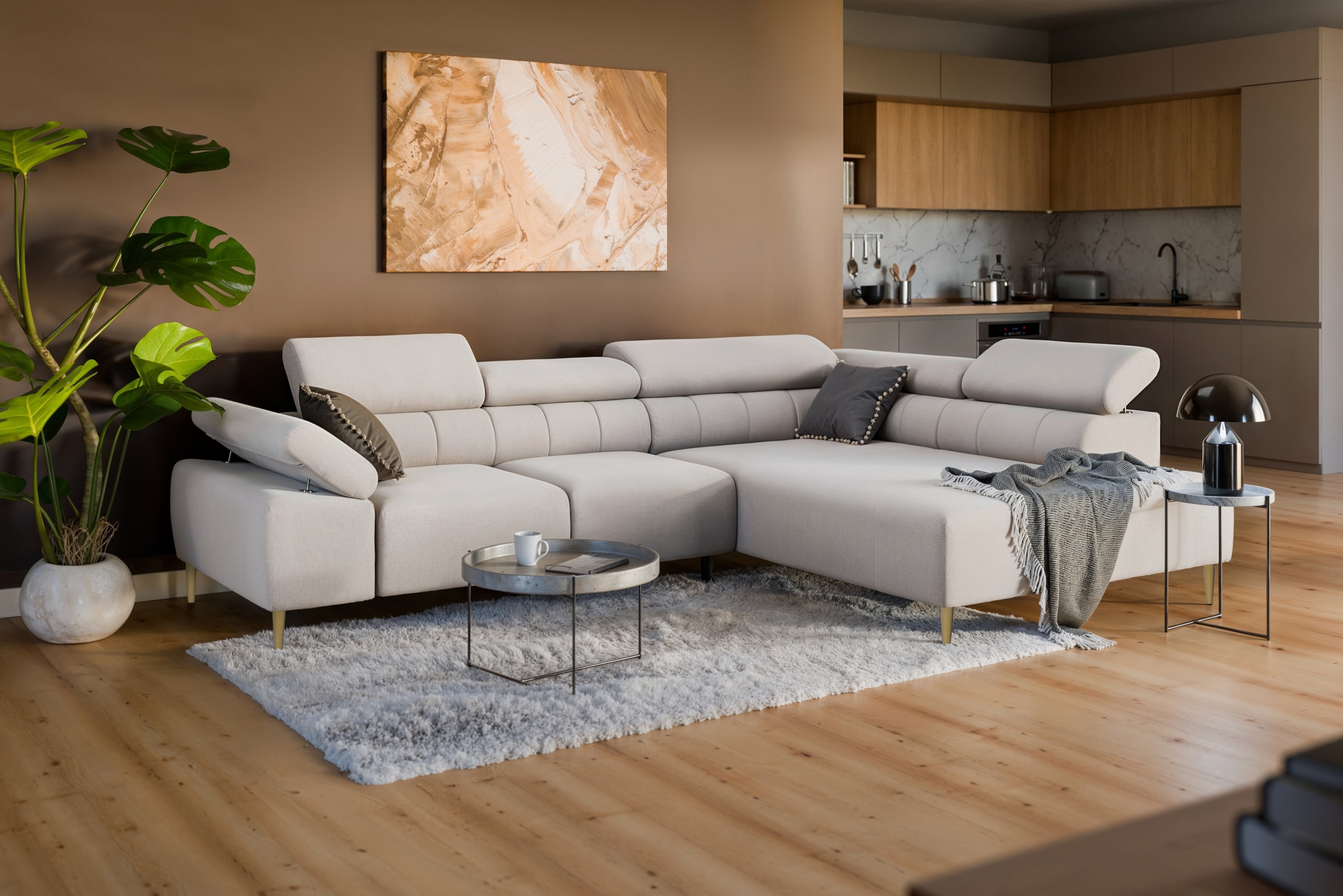 Rohová sedací souprava Taloria L pravá - béžová látka Maya 01 / zlaté nožky Rohová sedací souprava pravá Taloria L - Maya 01, Nohy zlaté