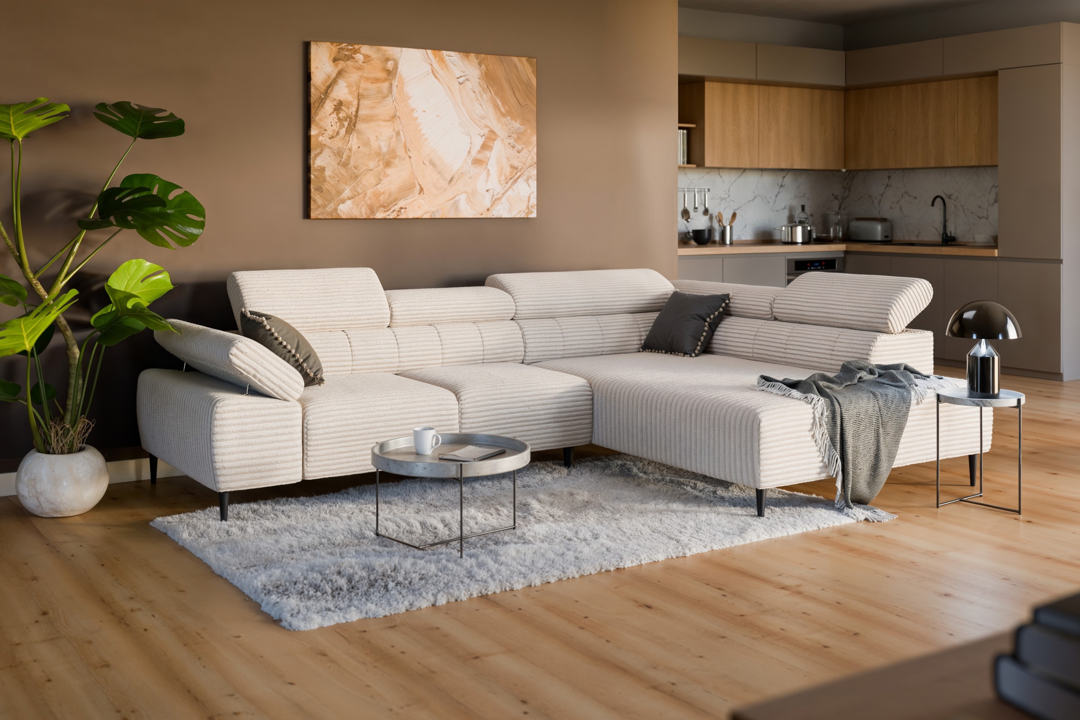 Rohová sedačka Taloria L s el. výsuvným sedadlom pravá - béžový plyš Tilia 01 / čierne nožičky Rohová sedacia súprava pravá strana Taloria L - Tilia 01, nožičky čierny