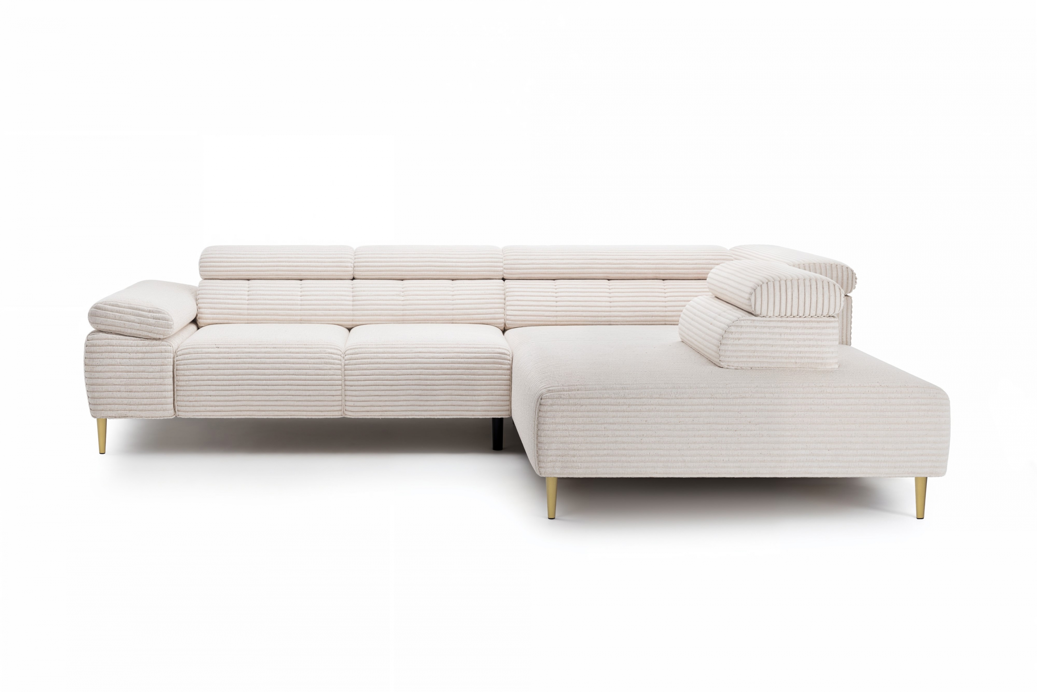 Rohová sedačka Taloria L s el. výsuvným sedadlom pravá - béžový plyš Tilia 01 / zlaté nožičky Rohová sedacia súprava pravá strana Taloria L - Tilia 01, nožičky zlote