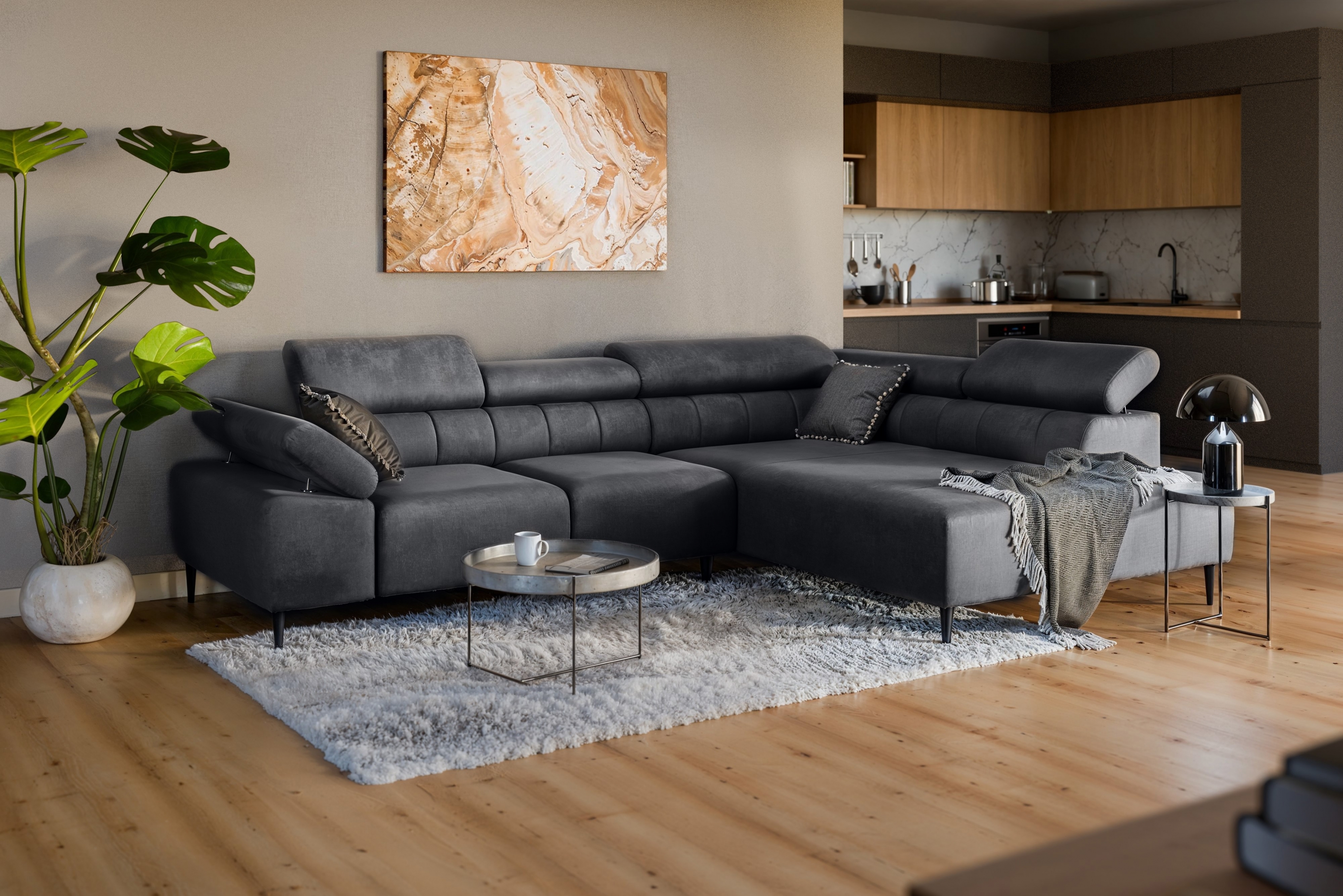 Rohová sedačka Taloria L s el. výsuvným sedadlom pravá - grafitový ľahkočistiaci zamat Zetta 305 / čierne nožičky Rohová sedacia súprava pravá strana Taloria L - Zetta 305, nožičky čierny