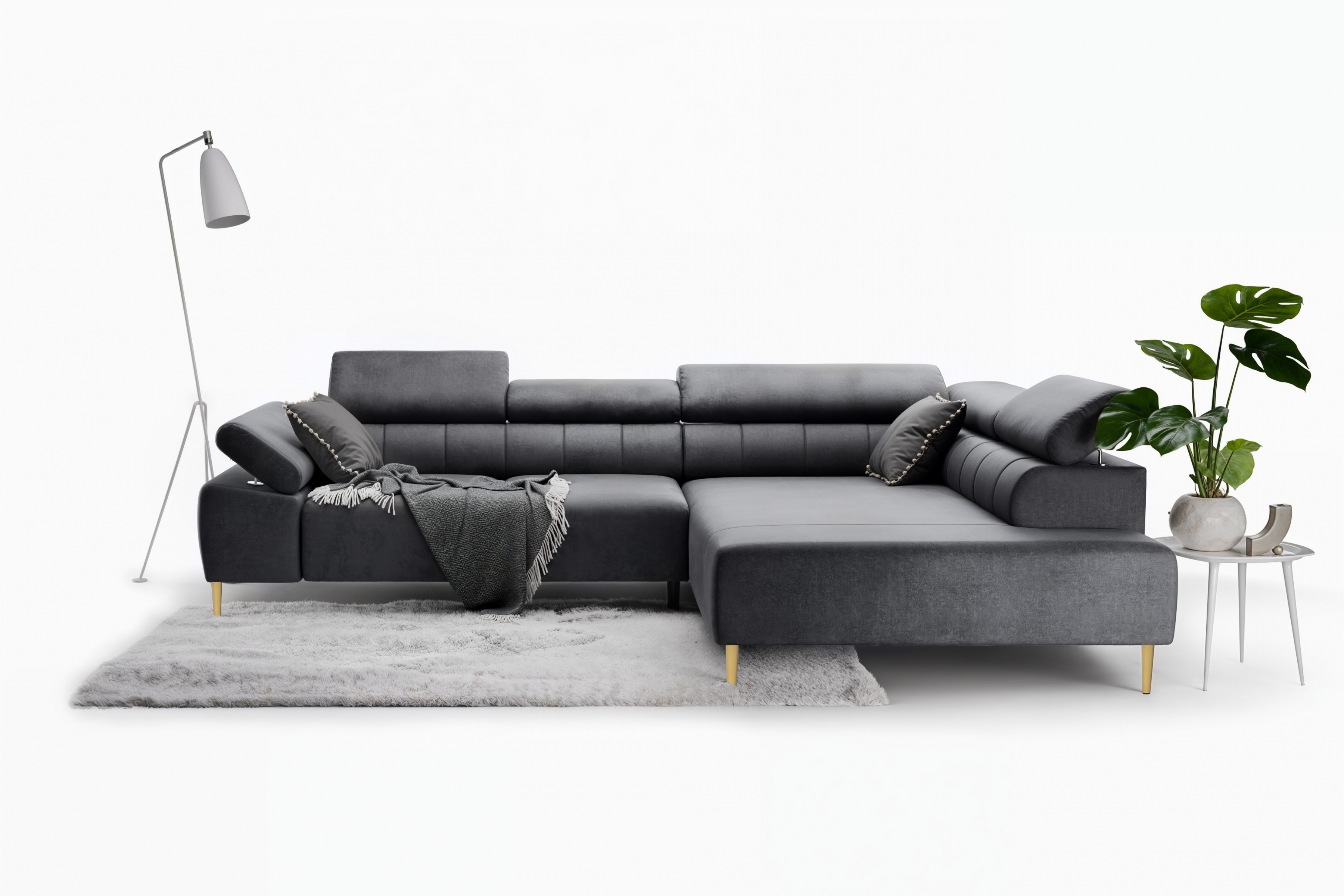 Rohová sedačka Taloria L s el. výsuvným sedadlom pravá - grafitový ľahkočistiaci zamat Zetta 305 / zlaté nožičky Rohová sedacia súprava pravá strana Taloria L - Zetta 305, nožičky zlote