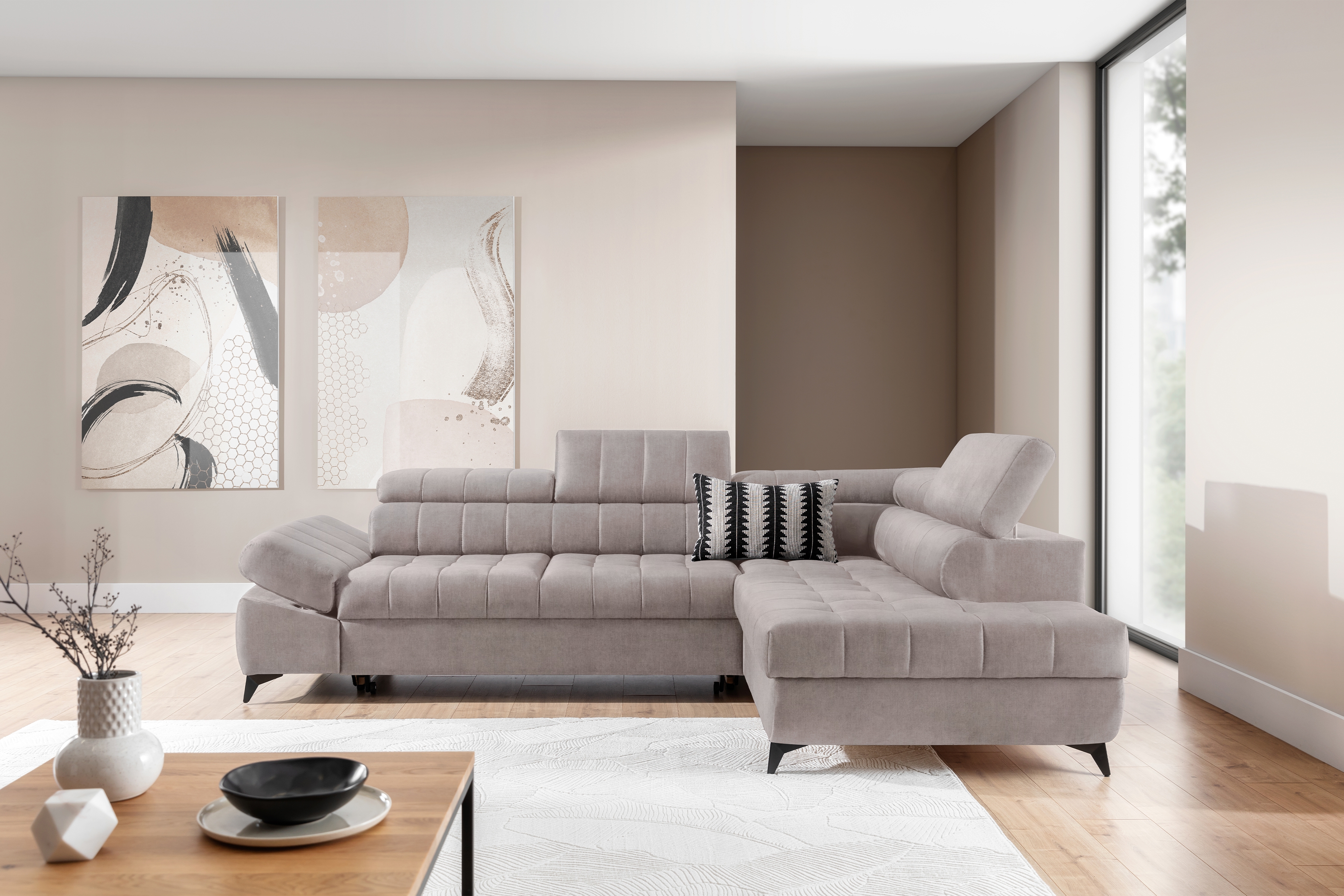 Rohová sedacia súprava Valoris L pravá s funkciou spania - béžová látka Maya 01 Rohová sedacia súprava pravá strana Valoris L s funkciou spánku - Béžová látka Maya 01