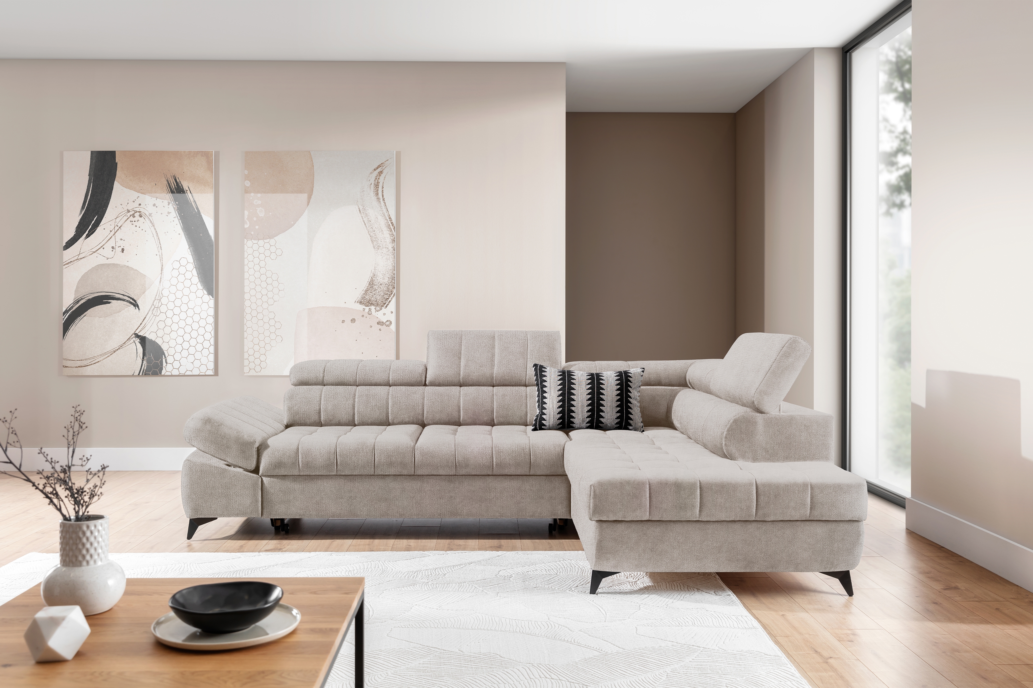 Rohová sedacia súprava Valoris L pravá s funkciou spania - béžový šenil Perfect Harmony 07 Rohová sedacia súprava pravá strana Valoris L s funkciou spania - béžový šenil Perfect Harmony 07