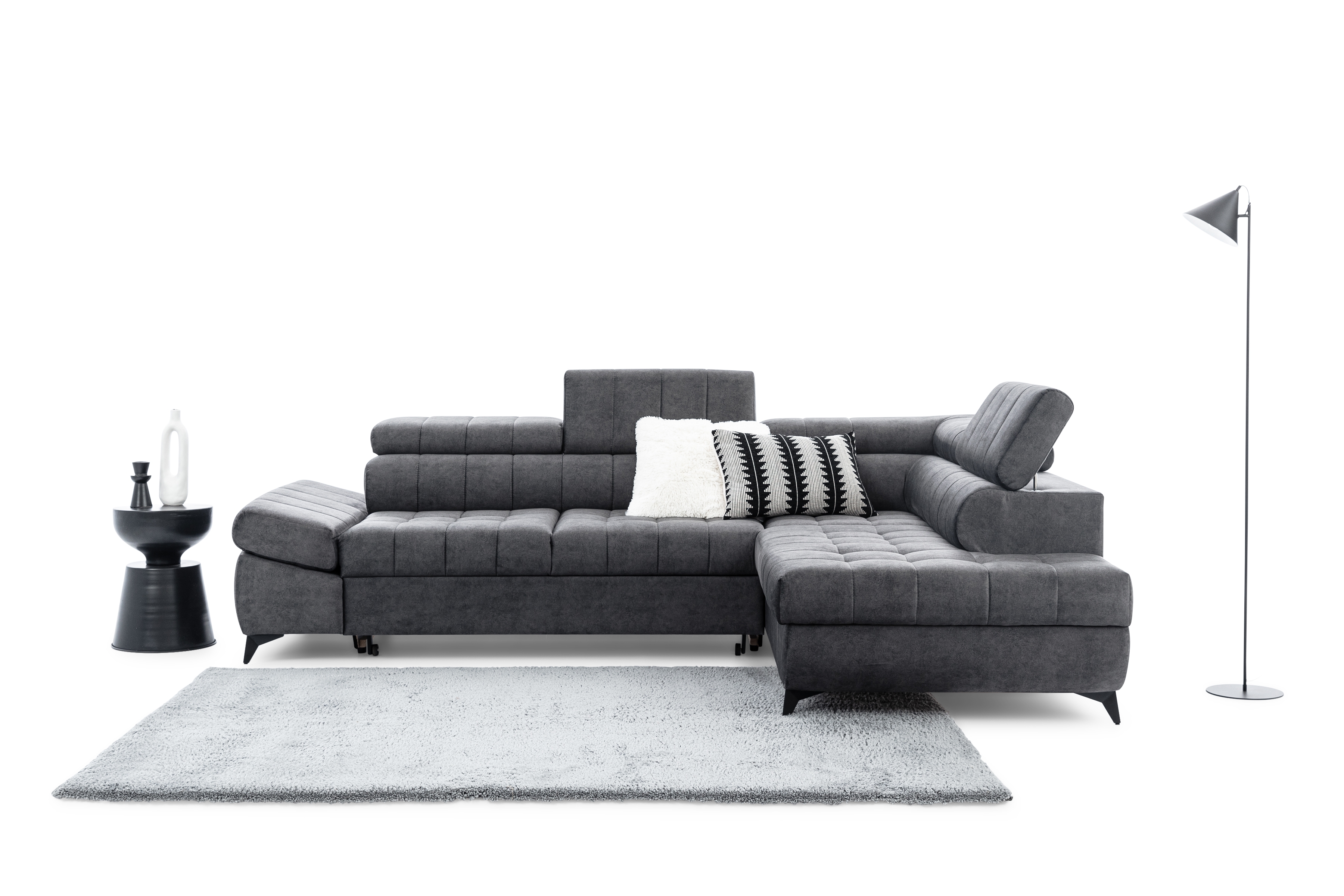 Pravostranná rohová pohovka Valoris L s rozkladem - grafitový hydrofobní samet Zetta 305 Rohová sedací souprava pravá Valoris L rozkládací - grafitová samet hydrofobní  Zetta 305