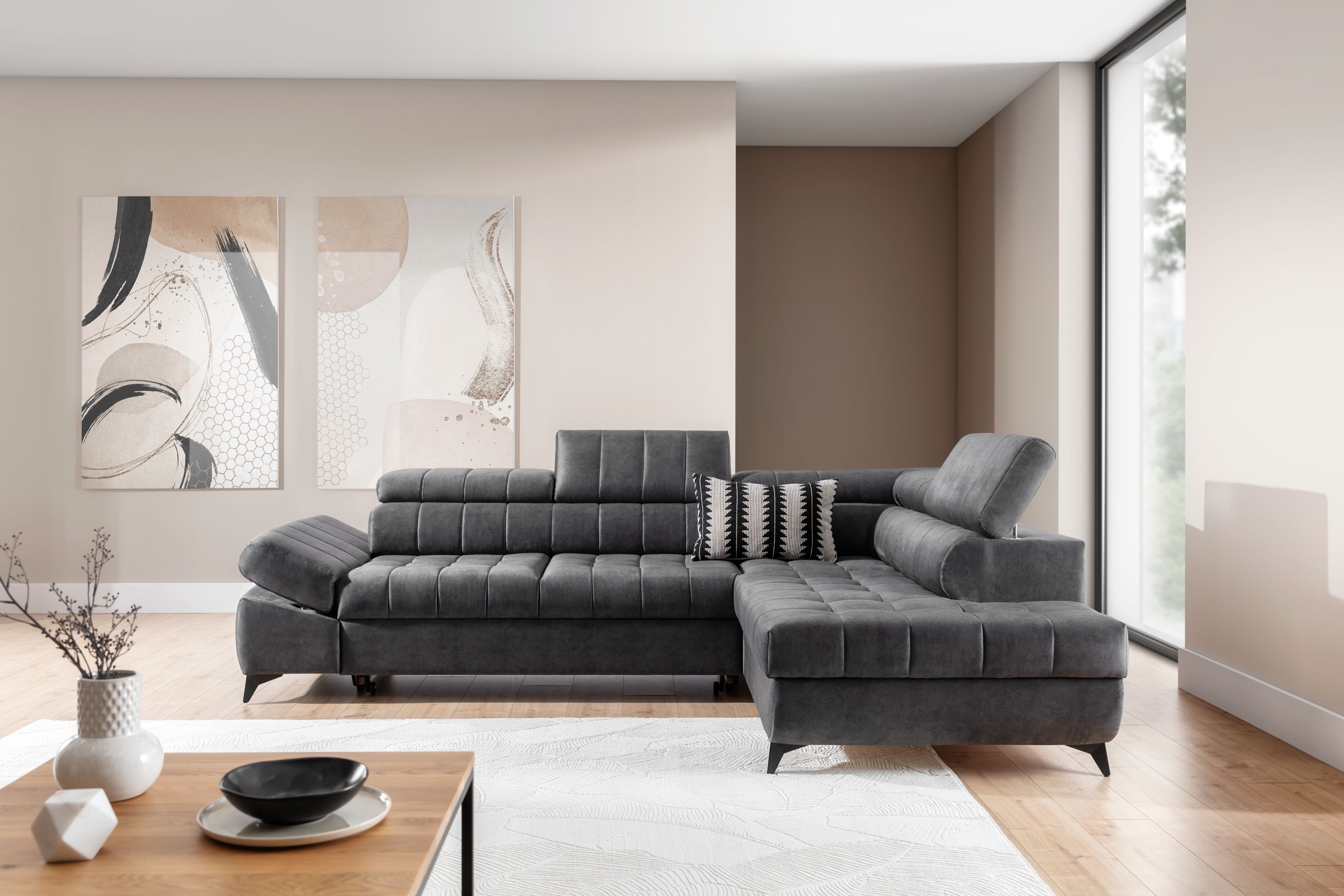 Pravostranná rohová pohovka Valoris L s rozkladem - grafitový hydrofobní samet Zetta 305 Rohová sedací souprava pravá Valoris L rozkládací - grafitová samet hydrofobní  Zetta 305