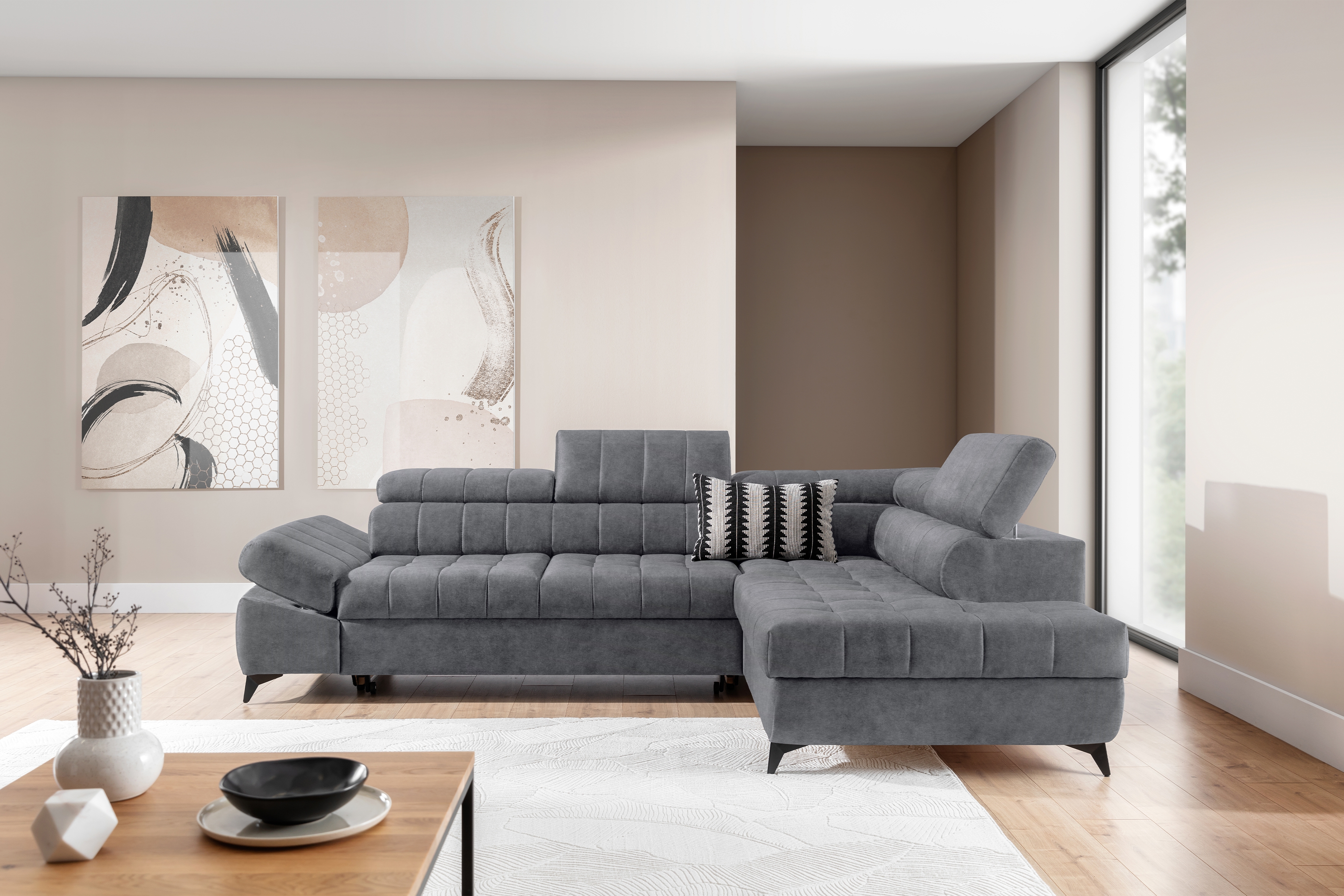 Rohová sedacia súprava Valoris L pravá s funkciou spania - sivý ľahkočistiaci zamat Cloud 82 Rohová sedacia súprava pravá strana Valoris L s funkciou spania - šedý zamat ľahkočistiaci Cloud 82