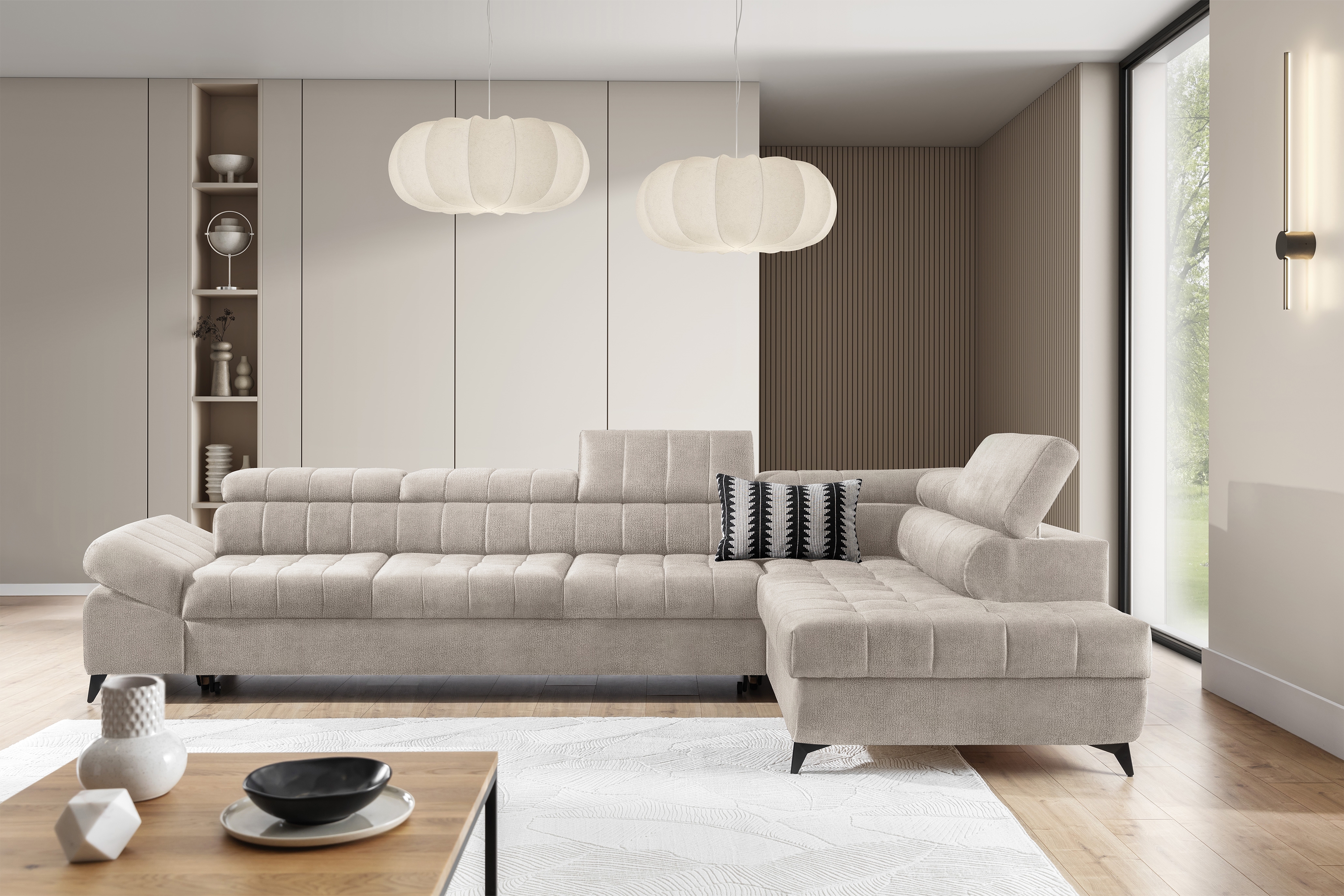 Rozkládací rohová sedací souprava Valoris Maxi pravá - béžová Perfect Harmony 07 Rohová sedací souprava pravá Valoris Maxi rozkládací - béžová šenil Perfect Harmony 07