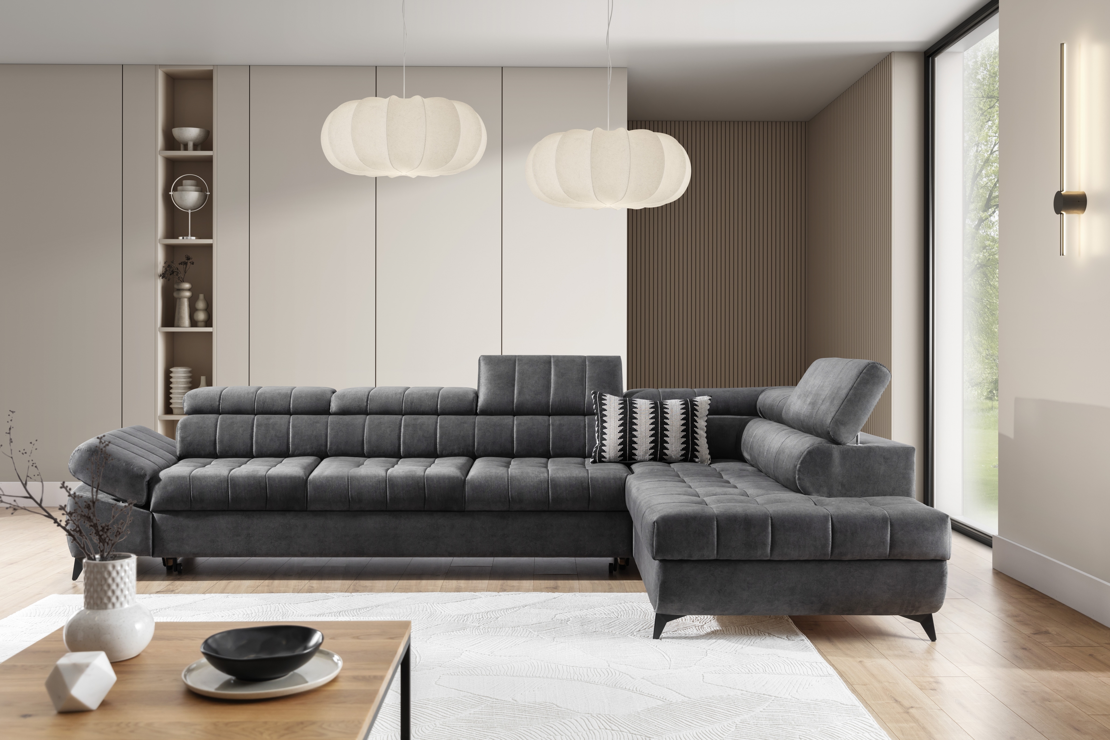 Rozkládací rohová sedací souprava Valoris Maxi pravá - grafitová Zetta 305 Rohová sedací souprava pravá Valoris Maxi rozkládací - grafitová samet hydrofobní  Zetta 305