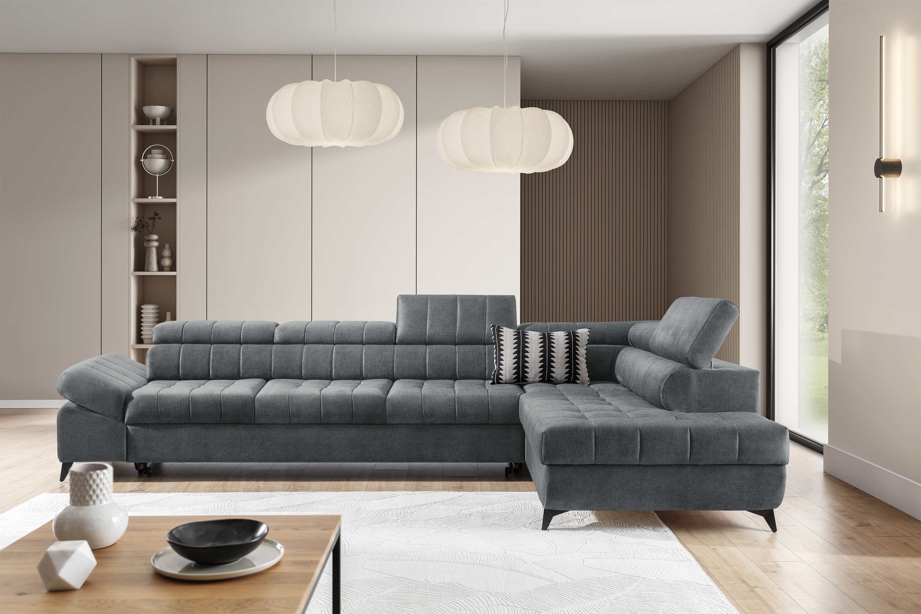 Rozkládací rohová sedací souprava Valoris Maxi pravá - šedá šenil Perfect Harmony 85 Rohová sedací souprava pravá Valoris Maxi rozkládací - šedá šenil Perfect Harmony 85