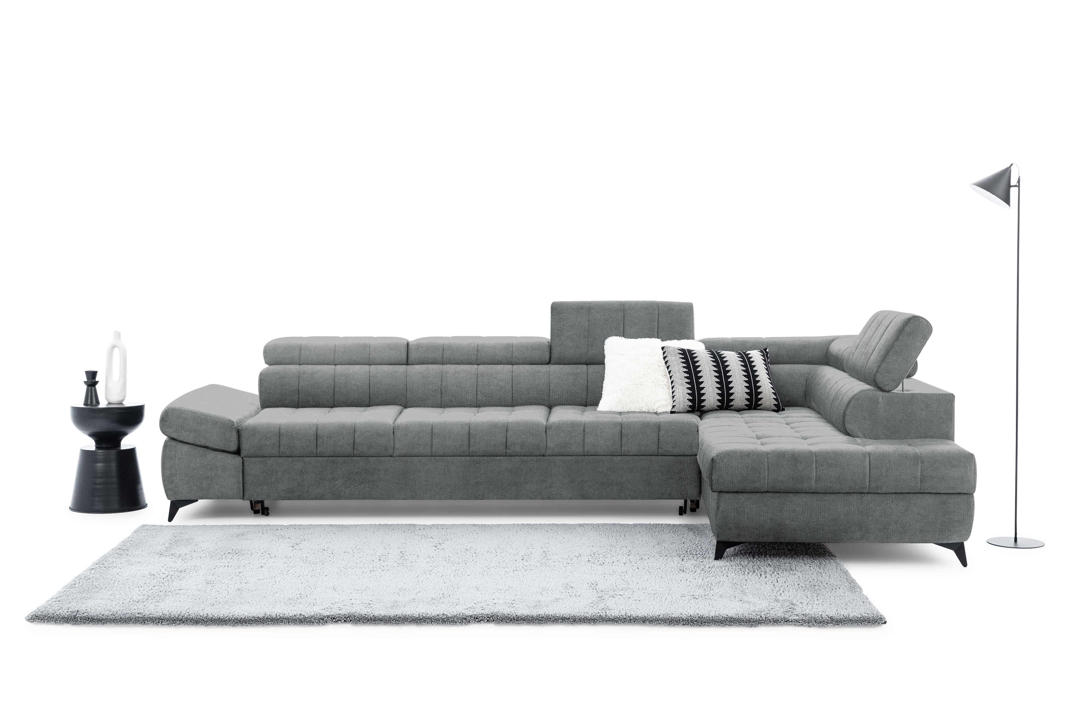 Rozkládací rohová sedací souprava Valoris Maxi pravá - šedá šenil Perfect Harmony 85 Rohová sedací souprava pravá Valoris Maxi rozkládací - šedá šenil Perfect Harmony 85