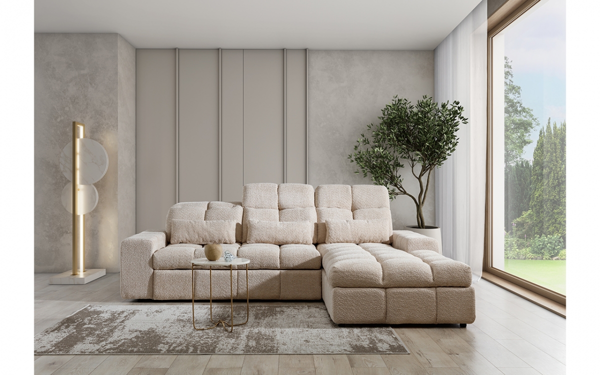 Elektrický rozkládací rohový gauč Magnelio Mini pravý - béžová bouclé Catch Me 02 Rohová sedací souprava pravá strana z elektricky wysuwanym sedadlem i funkcja spaní Magnelio Mini - Béžová boucla Catch Me 02