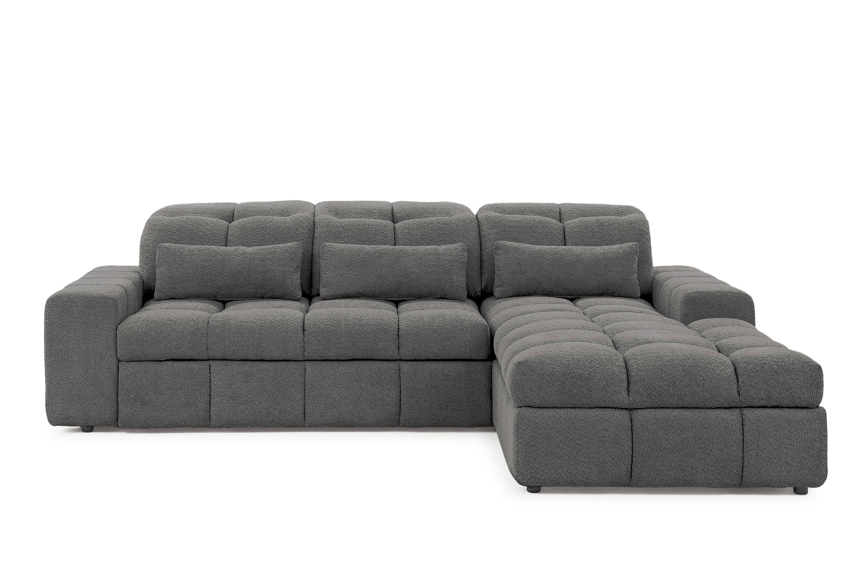 Elektrický rozkládací rohový gauč Magnelio Mini pravý - šedá bouclé Catch Me 25 Rohová sedací souprava pravá strana z elektricky wysuwanym sedadlem i funkcja spaní Magnelio Mini - šedá boucla Catch Me 25