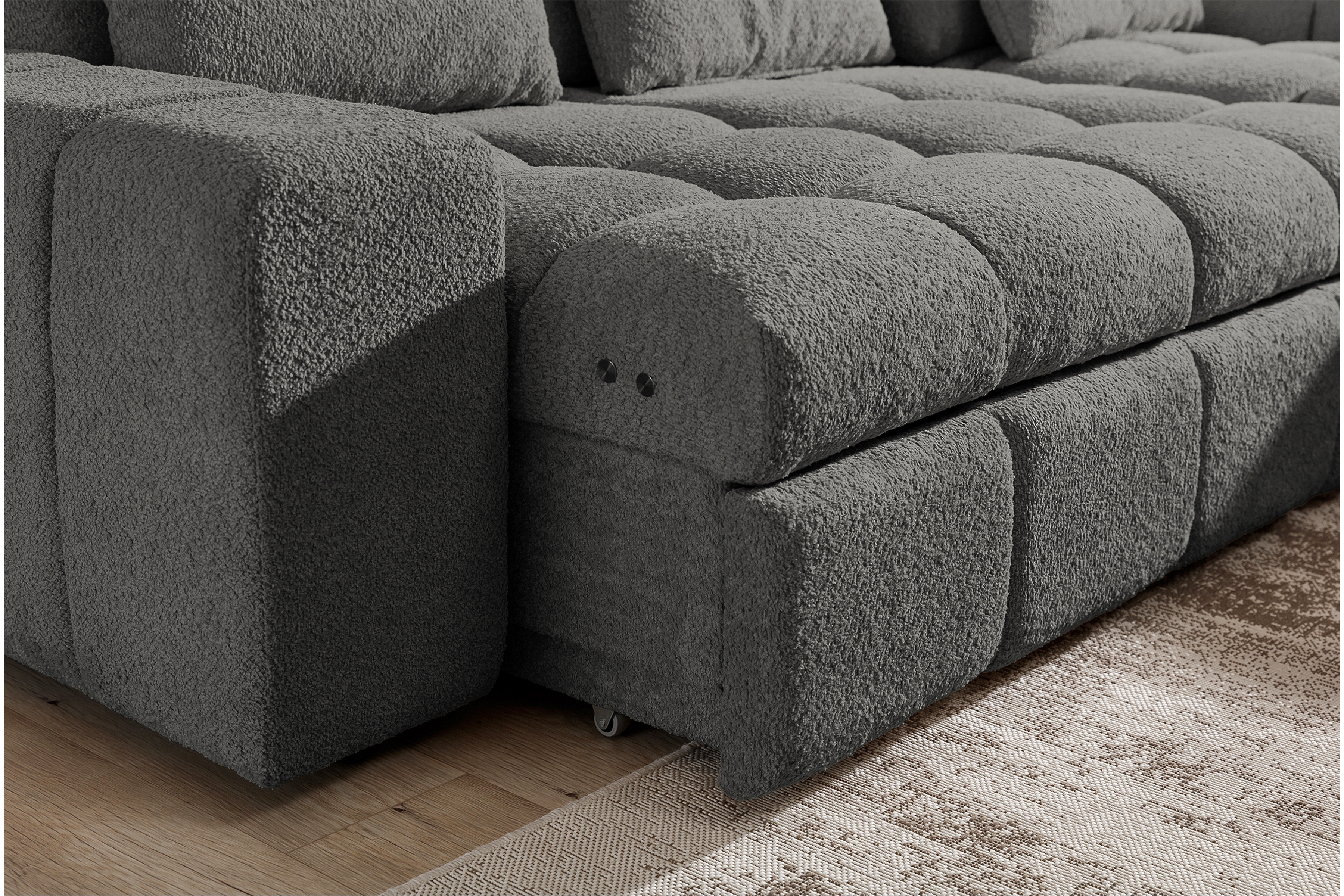 Elektrický rozkládací rohový gauč Magnelio Mini pravý - šedá bouclé Catch Me 25 Rohová sedací souprava pravá strana z elektricky wysuwanym sedadlem i funkcja spaní Magnelio Mini - šedá boucla Catch Me 25