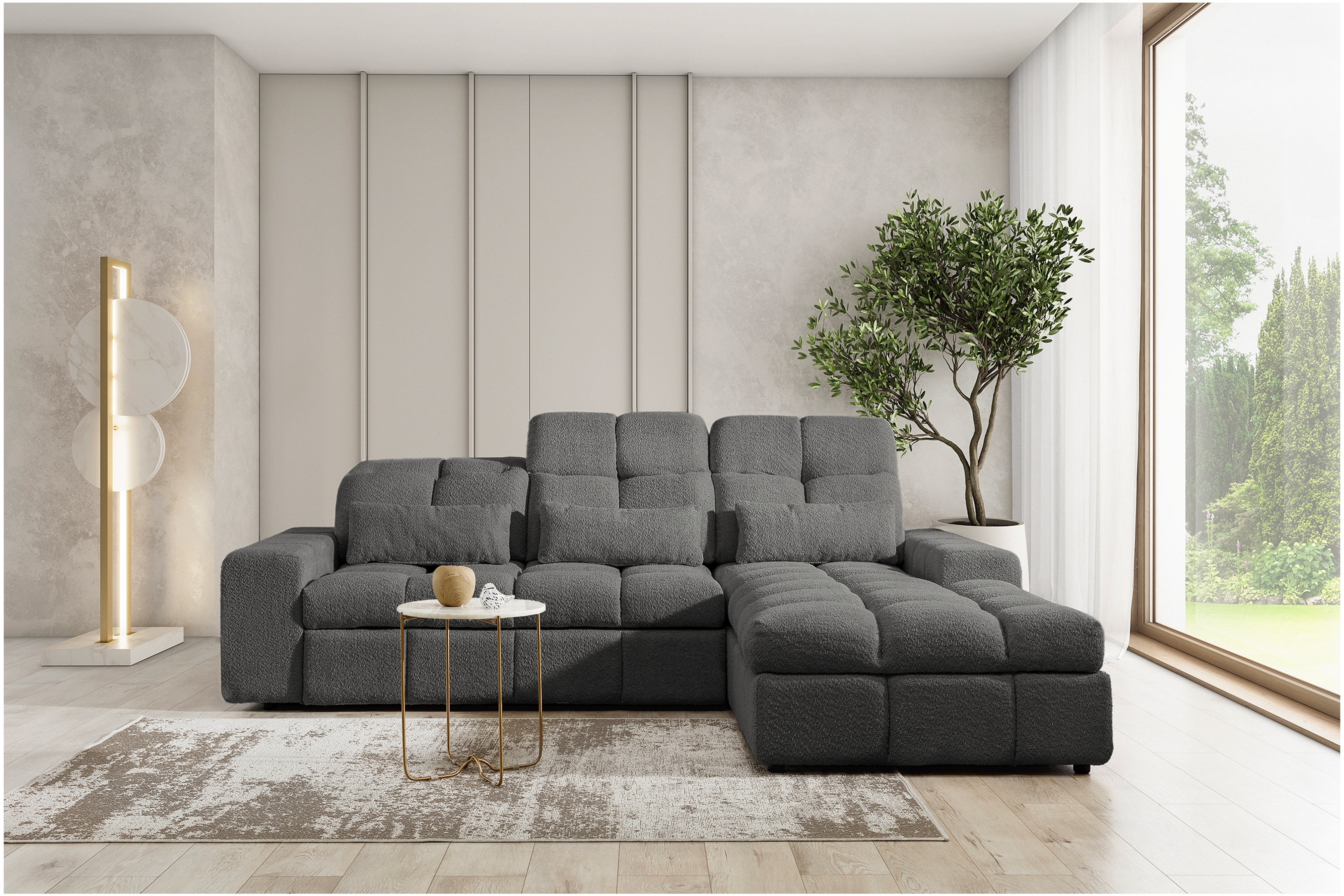 Elektrický rozkládací rohový gauč Magnelio Mini pravý - šedá bouclé Catch Me 25 Rohová sedací souprava pravá strana z elektricky wysuwanym sedadlem i funkcja spaní Magnelio Mini - šedá boucla Catch Me 25