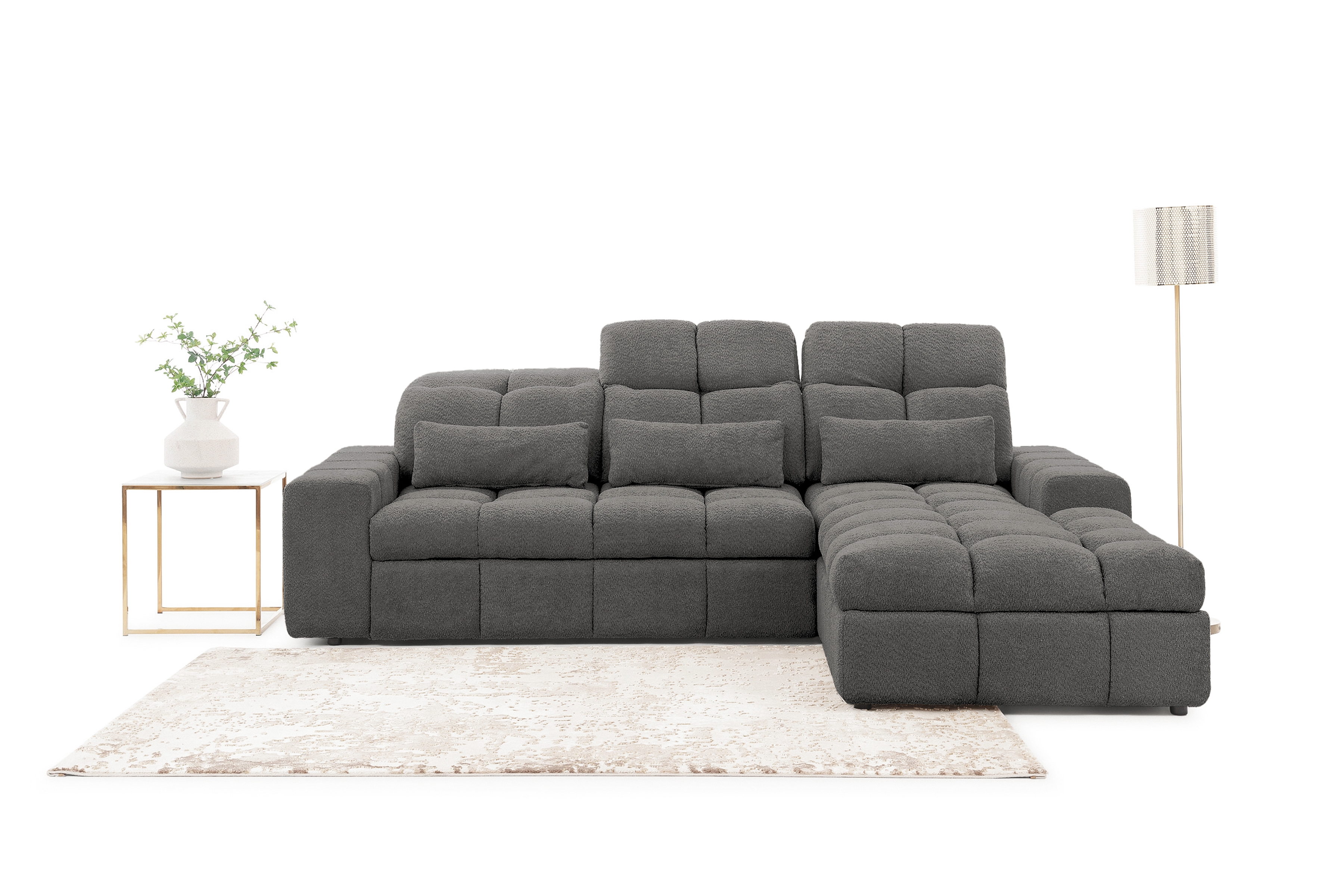 Elektrický rozkládací rohový gauč Magnelio Mini pravý - šedá bouclé Catch Me 25 Rohová sedací souprava pravá strana z elektricky wysuwanym sedadlem i funkcja spaní Magnelio Mini - šedá boucla Catch Me 25