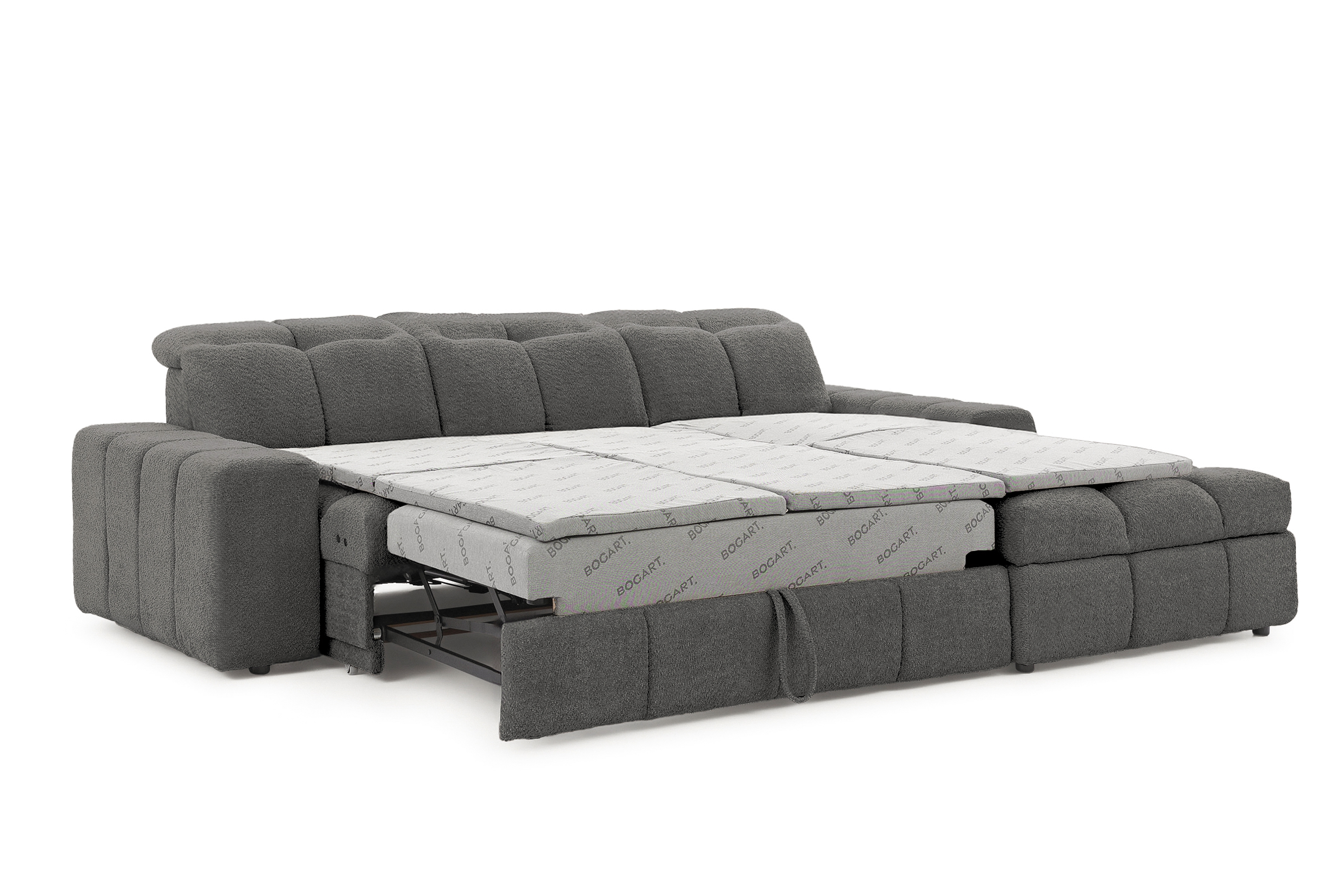 Elektrický rozkládací rohový gauč Magnelio Mini pravý - šedá bouclé Catch Me 25 Rohová sedací souprava pravá strana z elektricky wysuwanym sedadlem i funkcja spaní Magnelio Mini - šedá boucla Catch Me 25