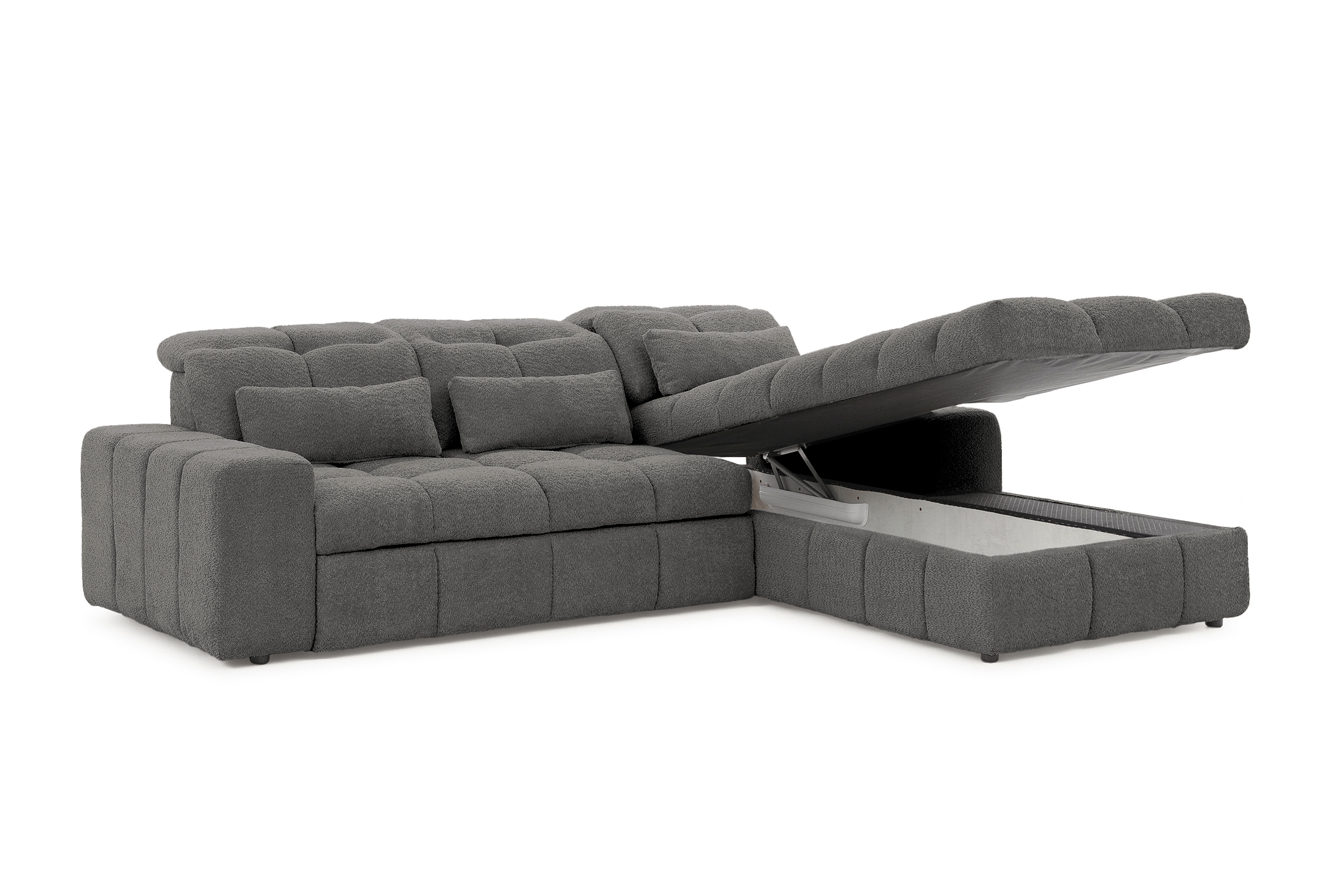 Elektrický rozkládací rohový gauč Magnelio Mini pravý - šedá bouclé Catch Me 25 Rohová sedací souprava pravá strana z elektricky wysuwanym sedadlem i funkcja spaní Magnelio Mini - šedá boucla Catch Me 25