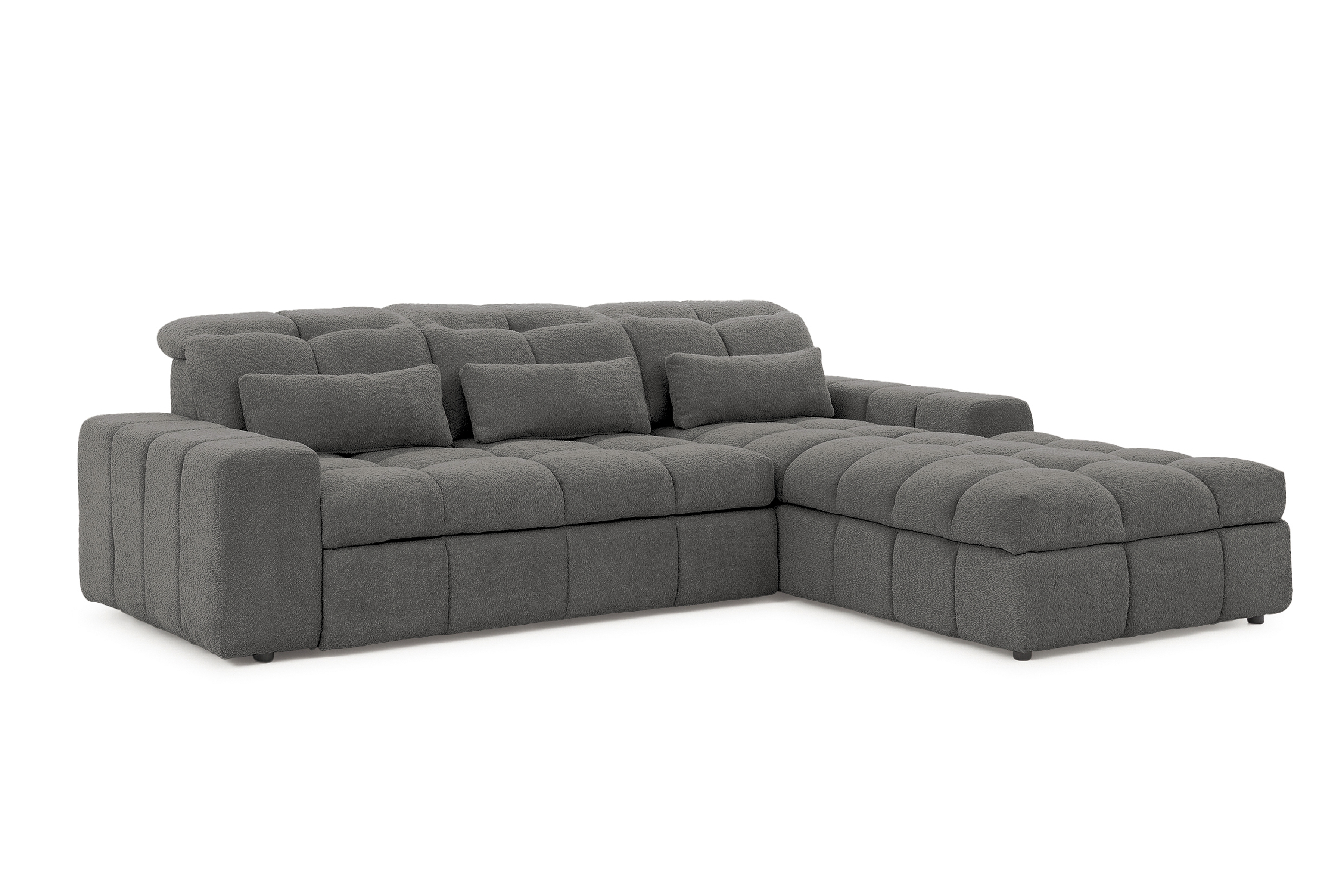 Elektrický rozkládací rohový gauč Magnelio Mini pravý - šedá bouclé Catch Me 25 Rohová sedací souprava pravá strana z elektricky wysuwanym sedadlem i funkcja spaní Magnelio Mini - šedá boucla Catch Me 25