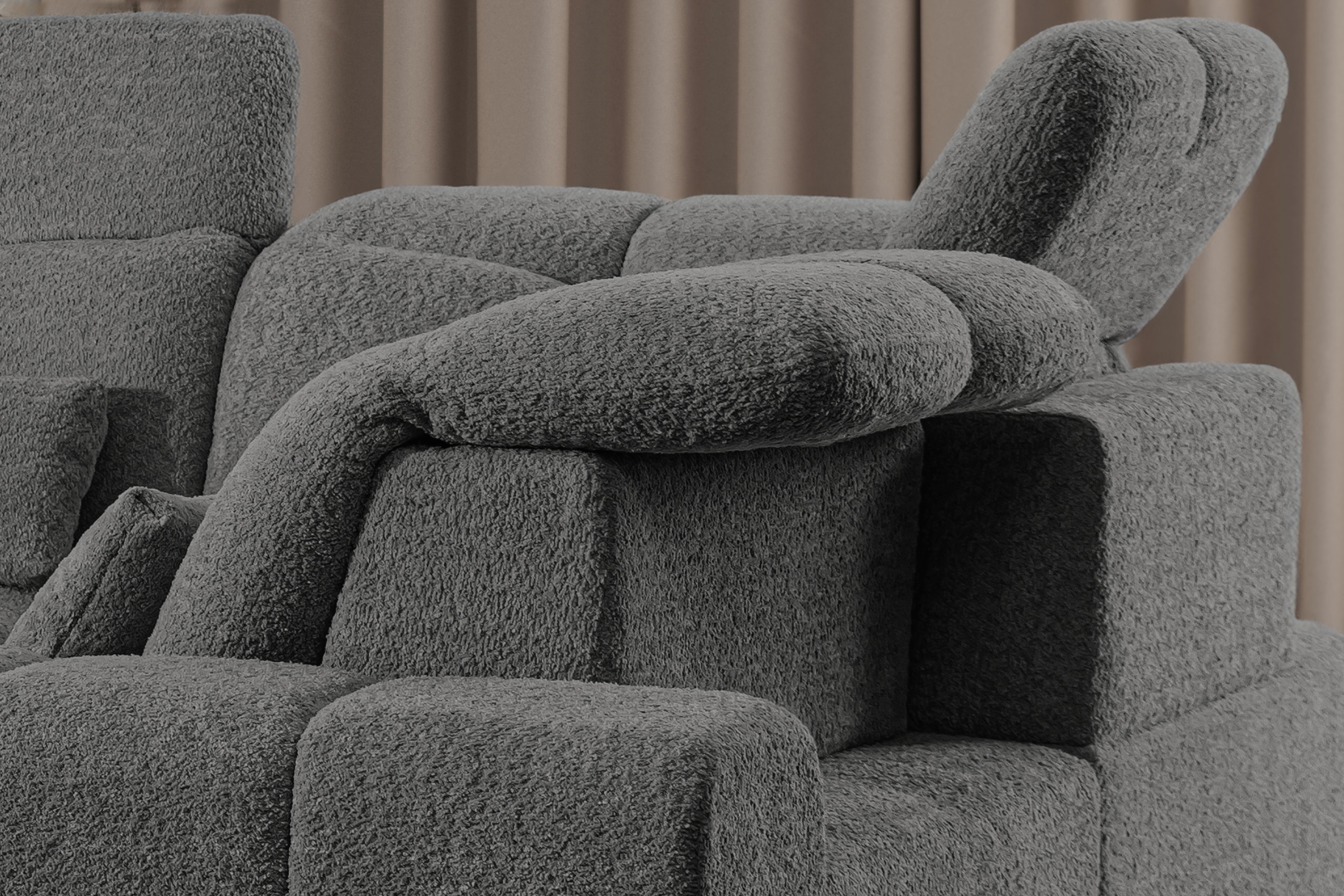 Elektrický rozkládací rohový gauč Magnelio U pravý - šedá bouclé Catch Me 25 Rohová sedací souprava pravá strana z elektricky wysuwanym sedadlem i i funkcja spaní Magnelio U - šedá boucle Catch Me 25 