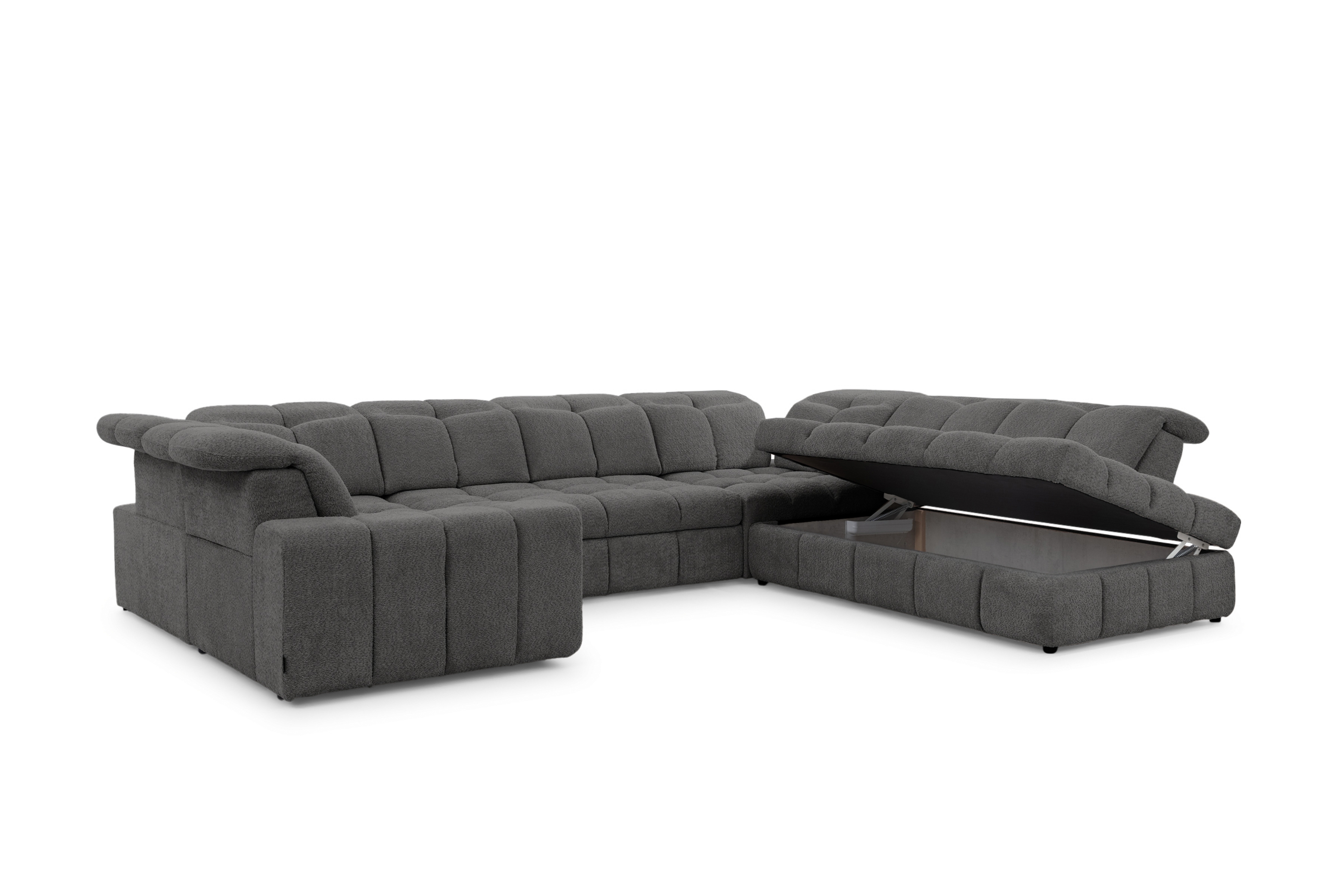 Elektrický rozkládací rohový gauč Magnelio U pravý - šedá bouclé Catch Me 25 Rohová sedací souprava pravá strana z elektricky wysuwanym sedadlem i i funkcja spaní Magnelio U - šedá boucle Catch Me 25 