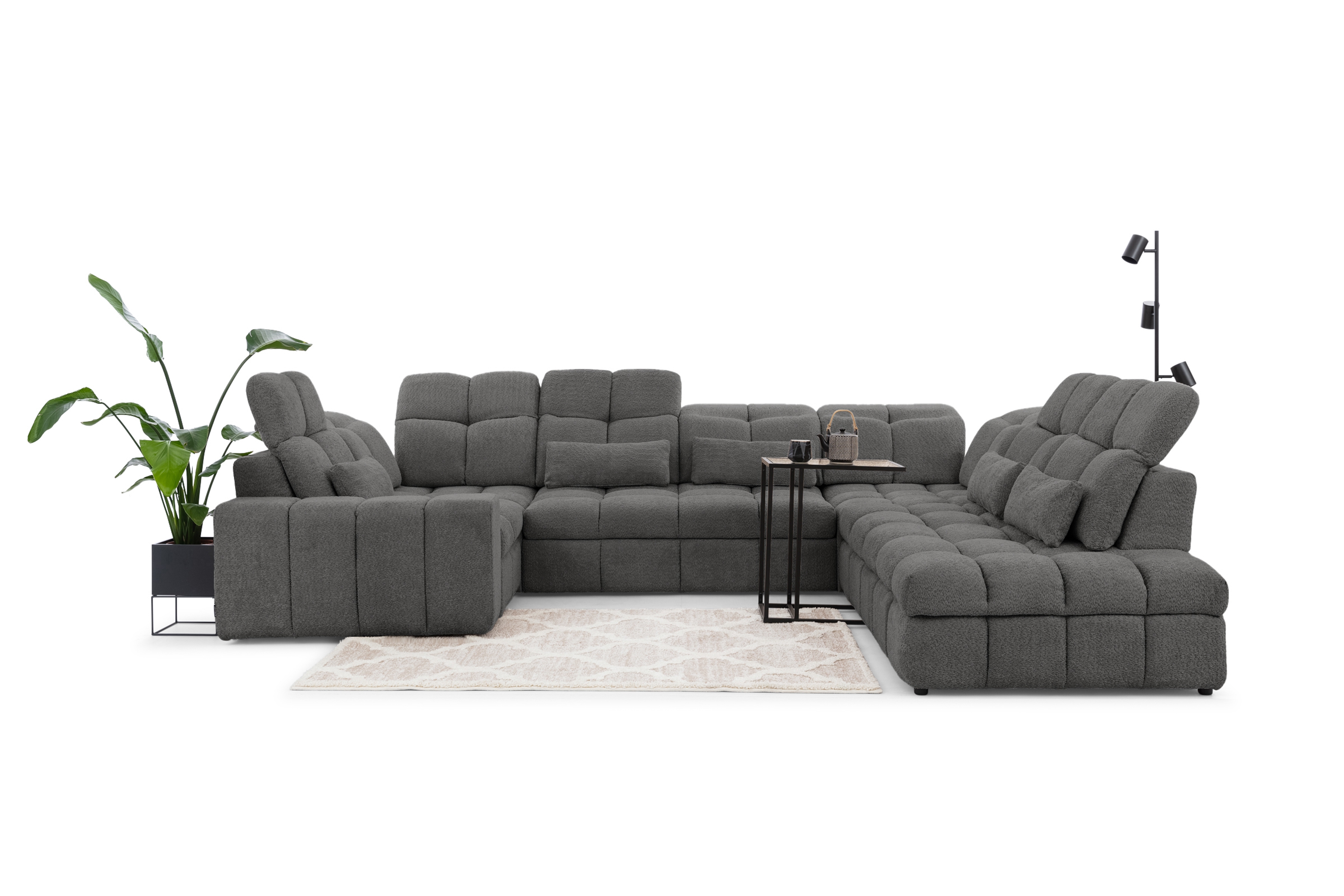 Elektrický rozkládací rohový gauč Magnelio U pravý - šedá bouclé Catch Me 25 Rohová sedací souprava pravá strana z elektricky wysuwanym sedadlem i i funkcja spaní Magnelio U - šedá boucle Catch Me 25 