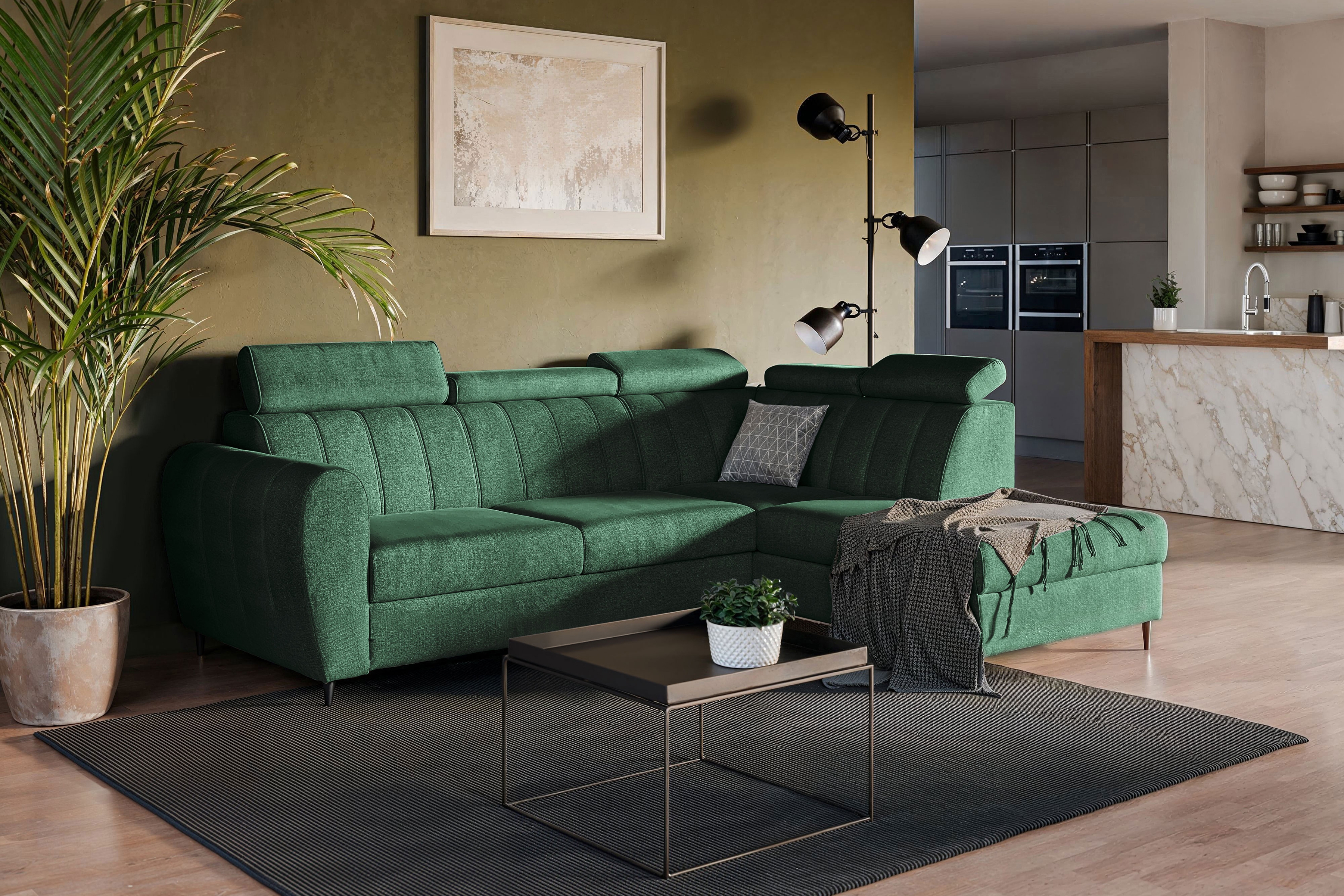 Rozkládací rohová sedací souprava Celias L pravá - zelený samet Kronos 19 Rohová sedací souprava pravá strana s funkcí spaní Celias L - Zelený samet Kronos 19