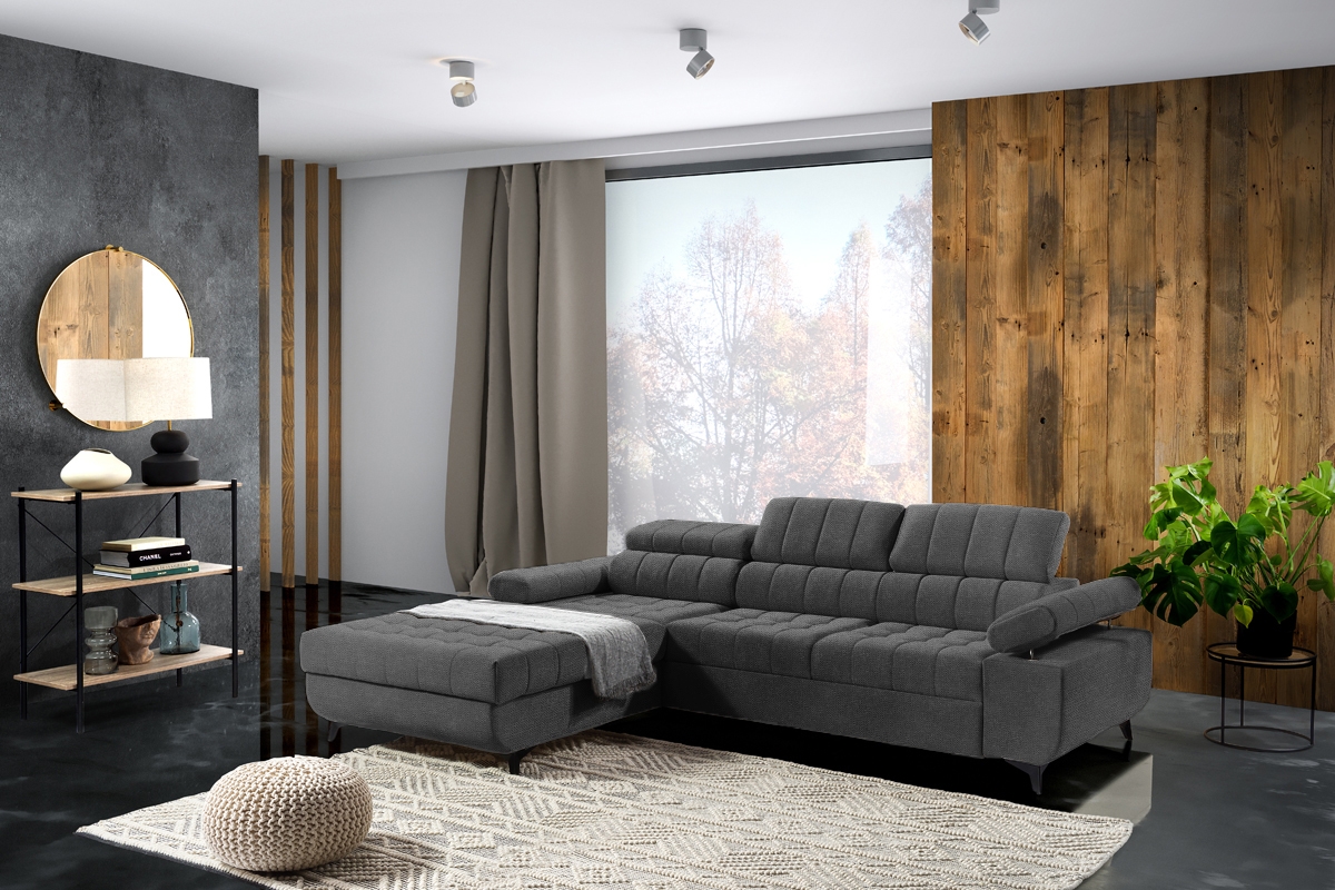 Rohová rozkladacia sedacia súprava Dragonis L II pravá - sivá pletená látka Crown 18 Rohová sedacia súprava pravá strana s funkciou spánku Dragonis II - šedá plecionka Crown 18