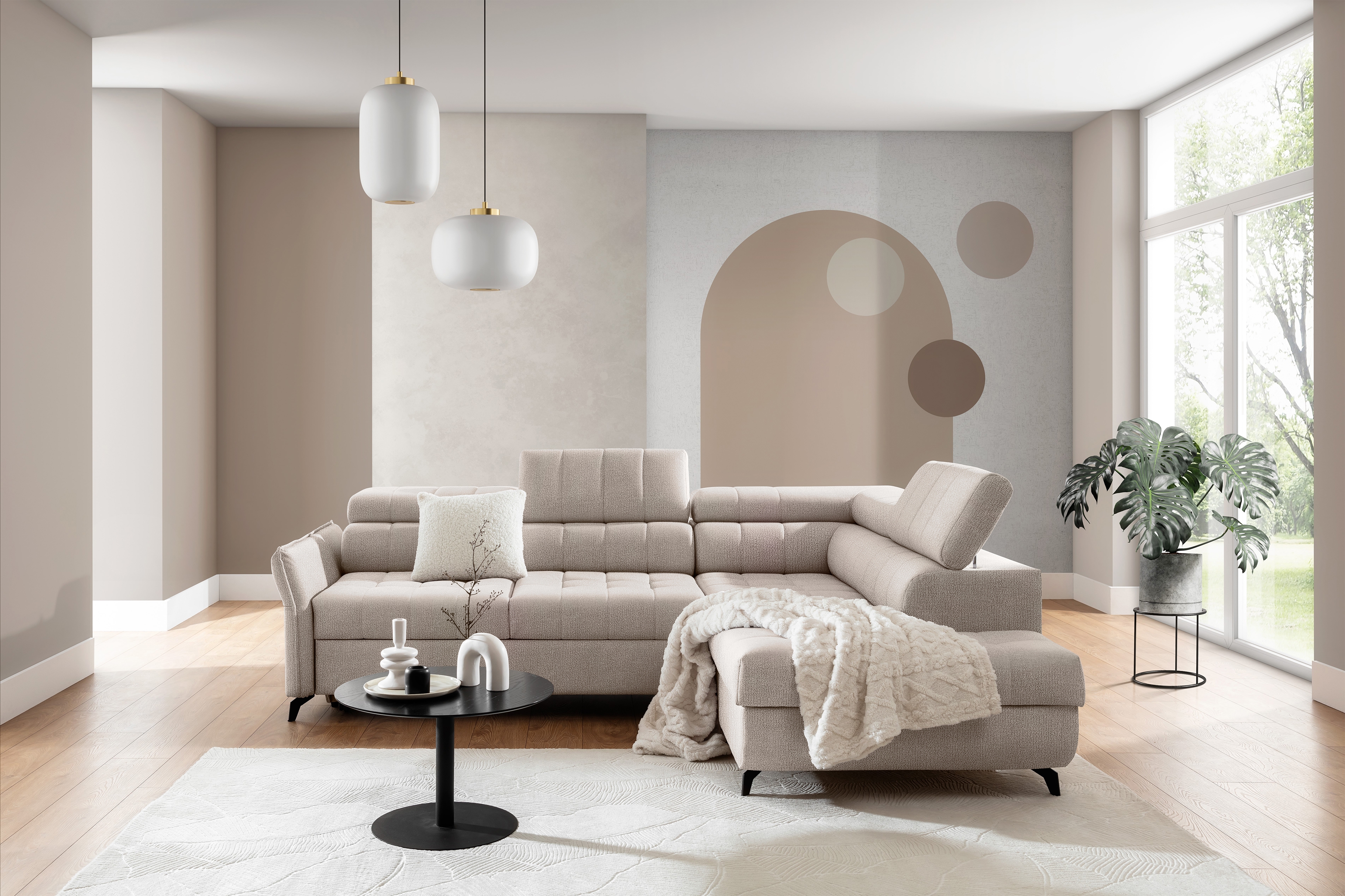 Rohová sedacia súprava Elarias L pravá s funkciou spania - béžový šenil Perfect Harmony 07 Rohová sedacia súprava pravá strana s funkciou spania Elarias L - béžový šenil Perfect Harmony 07