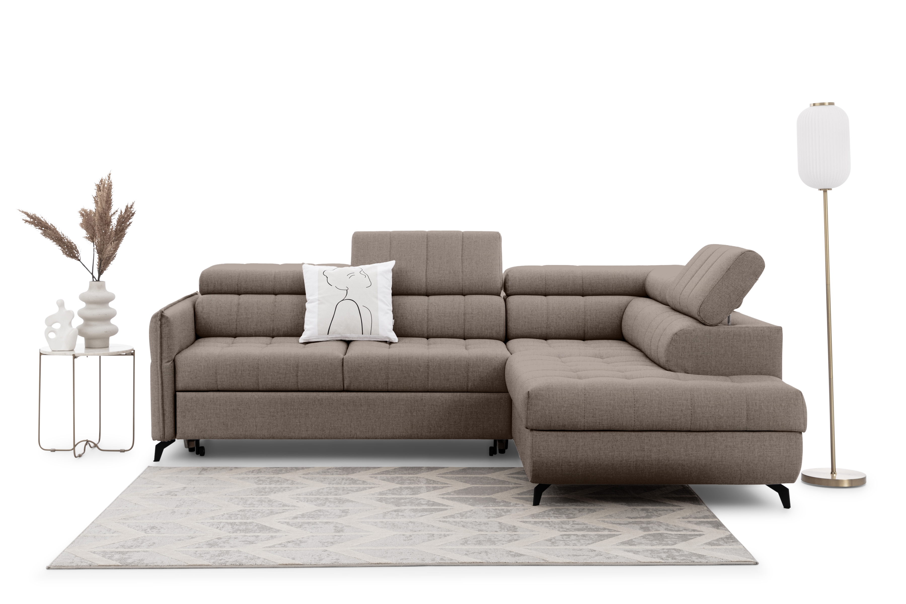 Rohová sedacia súprava Elarias L pravá s funkciou spania - béžový hydrofóbny zamat Vogue 4 Rohová sedacia súprava pravá strana s funkciou spania Elarias L - béžový zamat hydrofobowy Vogue 4