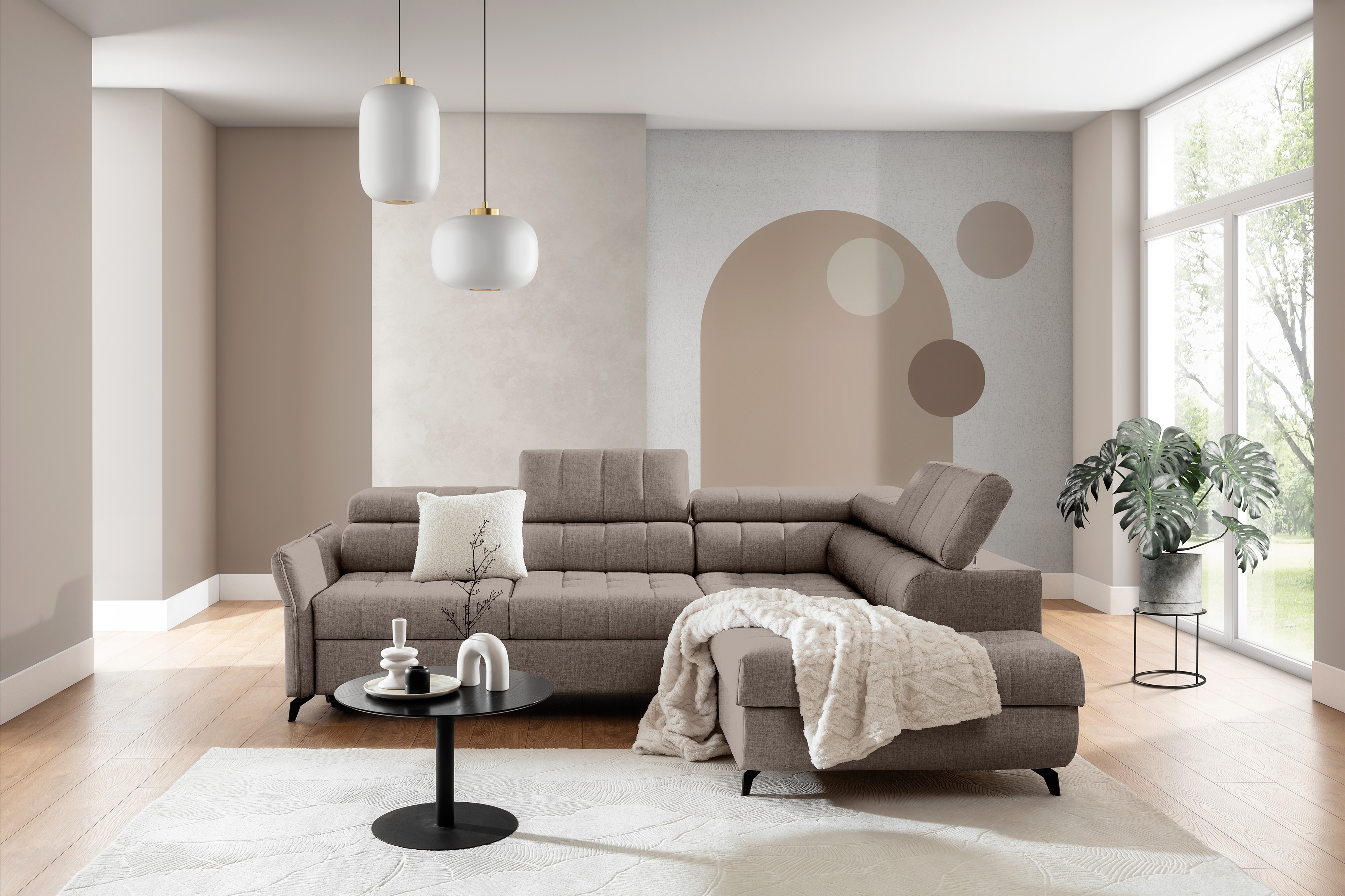 Rohová sedacia súprava Elarias L pravá s funkciou spania - béžový hydrofóbny zamat Vogue 4 Rohová sedacia súprava pravá strana s funkciou spania Elarias L - béžový zamat hydrofobowy Vogue 4