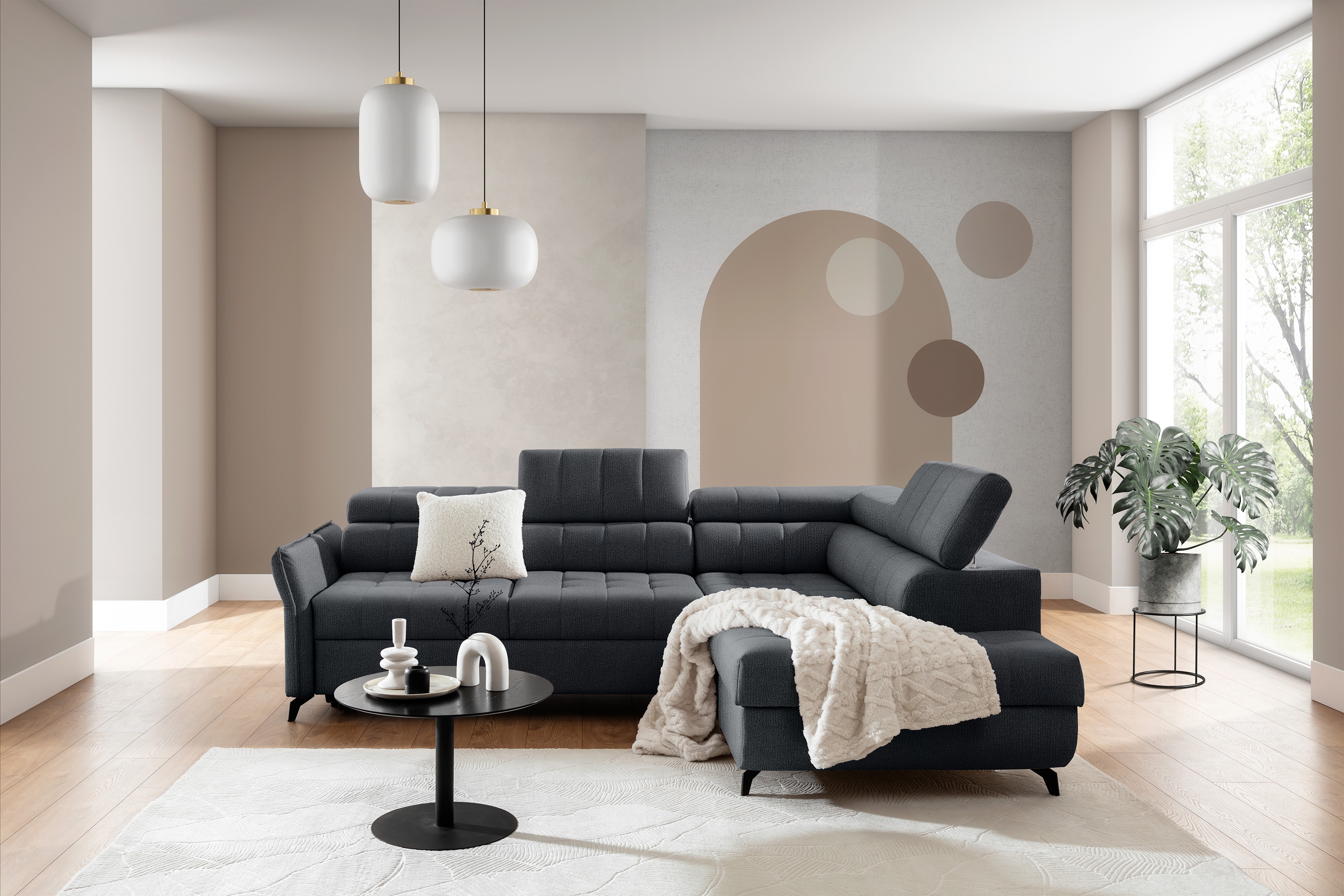 Rohová sedacia súprava Elarias L pravá s funkciou spania - grafitový šenil Perfect Harmony 90 Rohová sedacia súprava pravá strana s funkciou spania Elarias L - Grafitový šenil Perfect Harmony 90