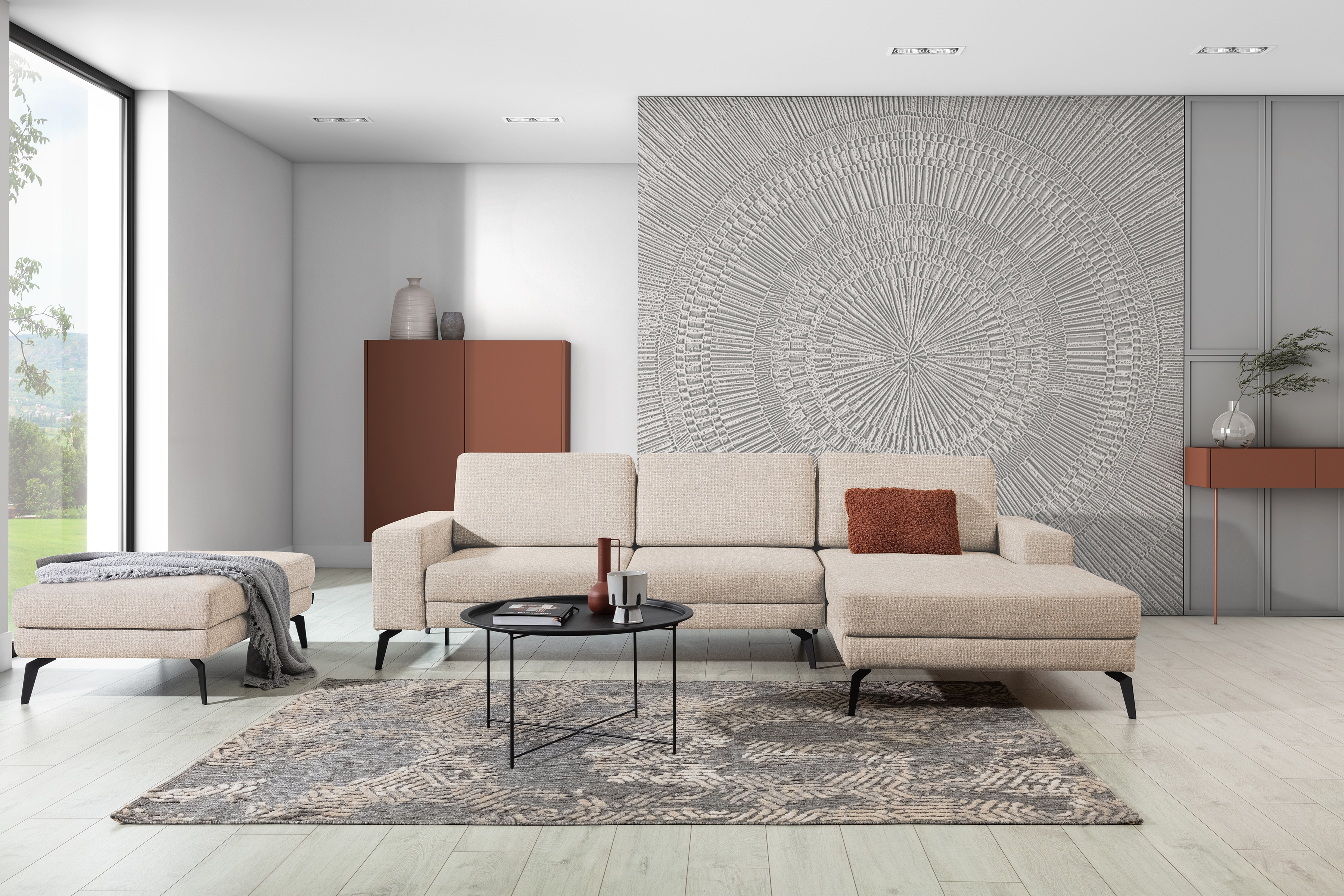 Rozkladacia rohová sedacia súprava Elentio Mini pravá - béžová pletenina Magni 206.02 Rohová sedacia súprava Elentio mini aranzacja