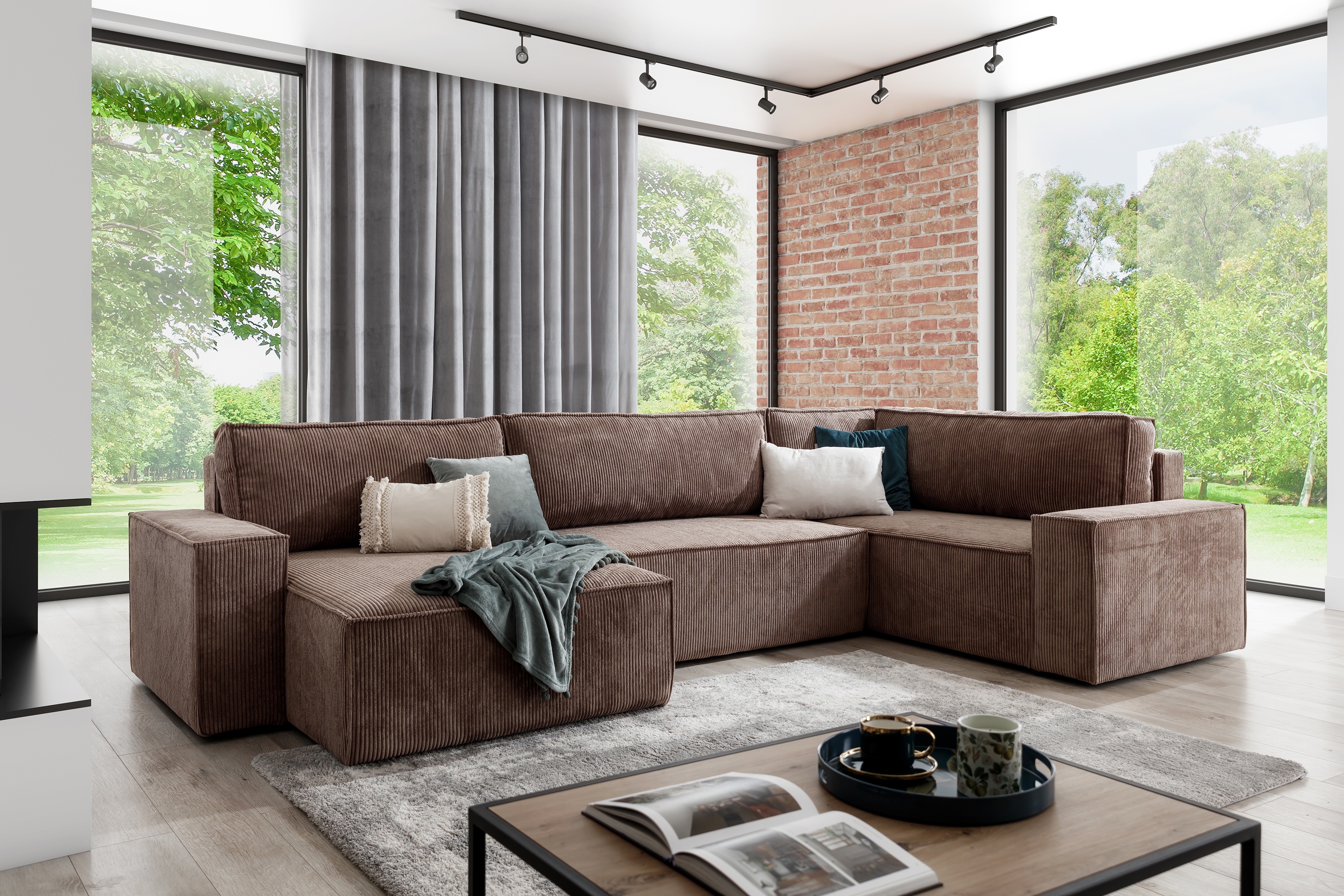 Rozkladacia rohová sedačka Flabio U ľavá - hnedý menčester Lincoln 17 Rohová sedacia súprava Ľavá strana s funkciou spánku Flabio U - Hnedý MENČESTER ľahkočistiaci Anafi 6 