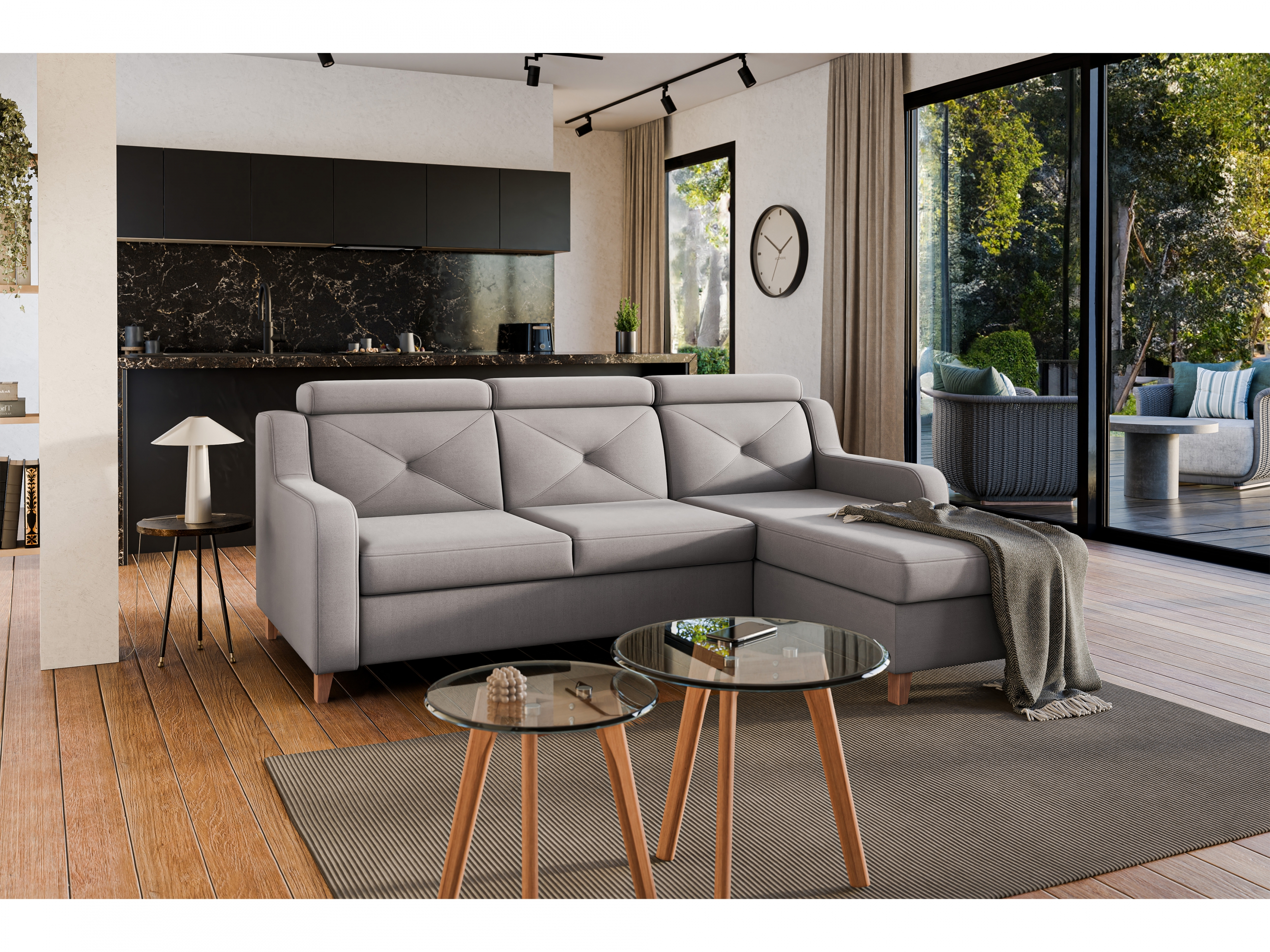 Rozkládací rohová sedací souprava Laksaro pravá - tmavě béžová samet Jasmine 25 Rohová sedací souprava pravá strana s funkcí spaní Laksaro - jasno Hnědý samet Jasmine 25