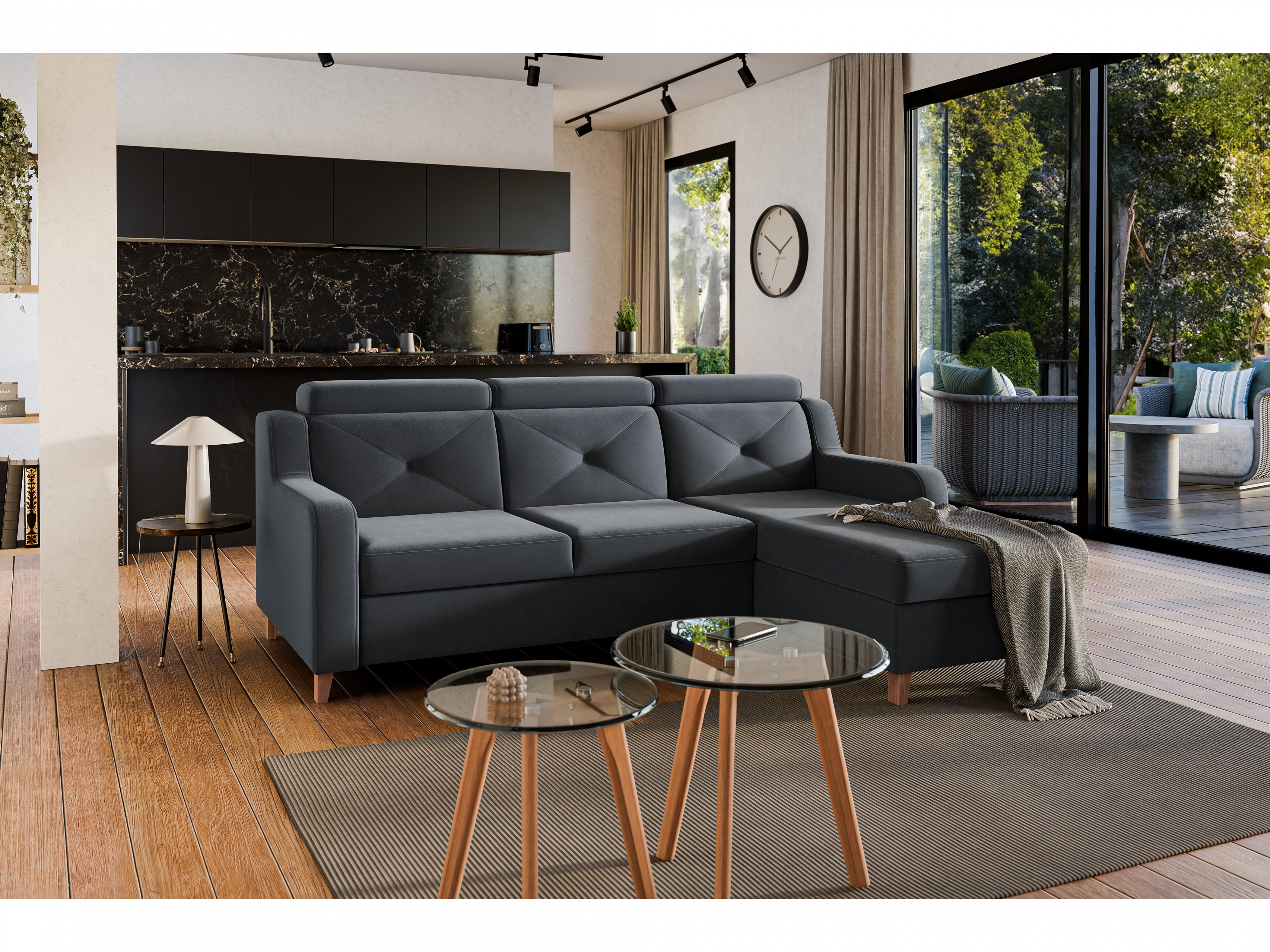 Rozkládací rohová sedací souprava Laksaro pravá - šedá látka Jasmine 96 Rohová sedací souprava pravá strana s funkcí spaní Laksaro - šedý samet Trinity 15 