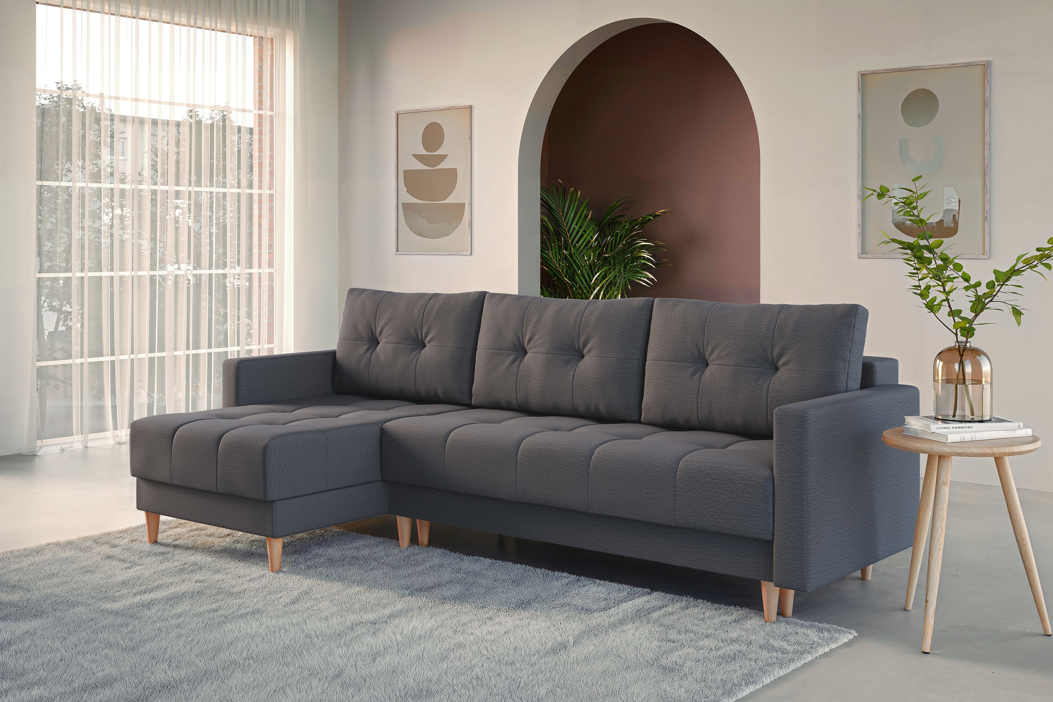 Rohová rozkladacia sedačka Romano L univerzálna – tmavosivá pletená látka Gemma 93 / bukové nožičky Rohová sedacia súprava Romano L rozkladany uniwersalny prawo/Ľavá strana - ciemno šedá plecionka Gemma 93 / buk 