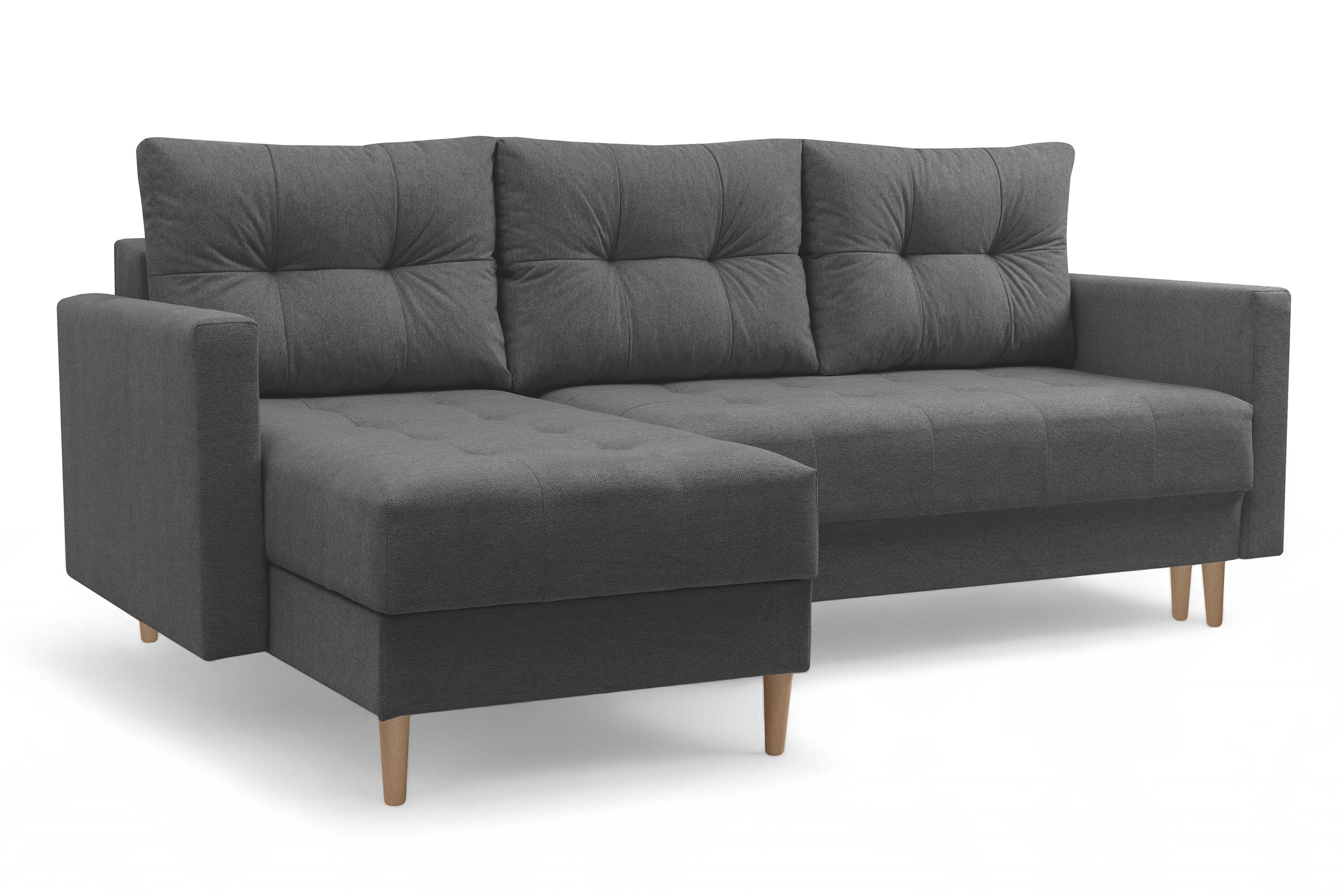 Rohová rozkladacia sedačka Romano L univerzálna – tmavosivá pletená látka Gemma 93 / bukové nožičky Rohová sedacia súprava Romano L rozkladany uniwersalny prawo/Ľavá strana - ciemno šedá plecionka Gemma 93