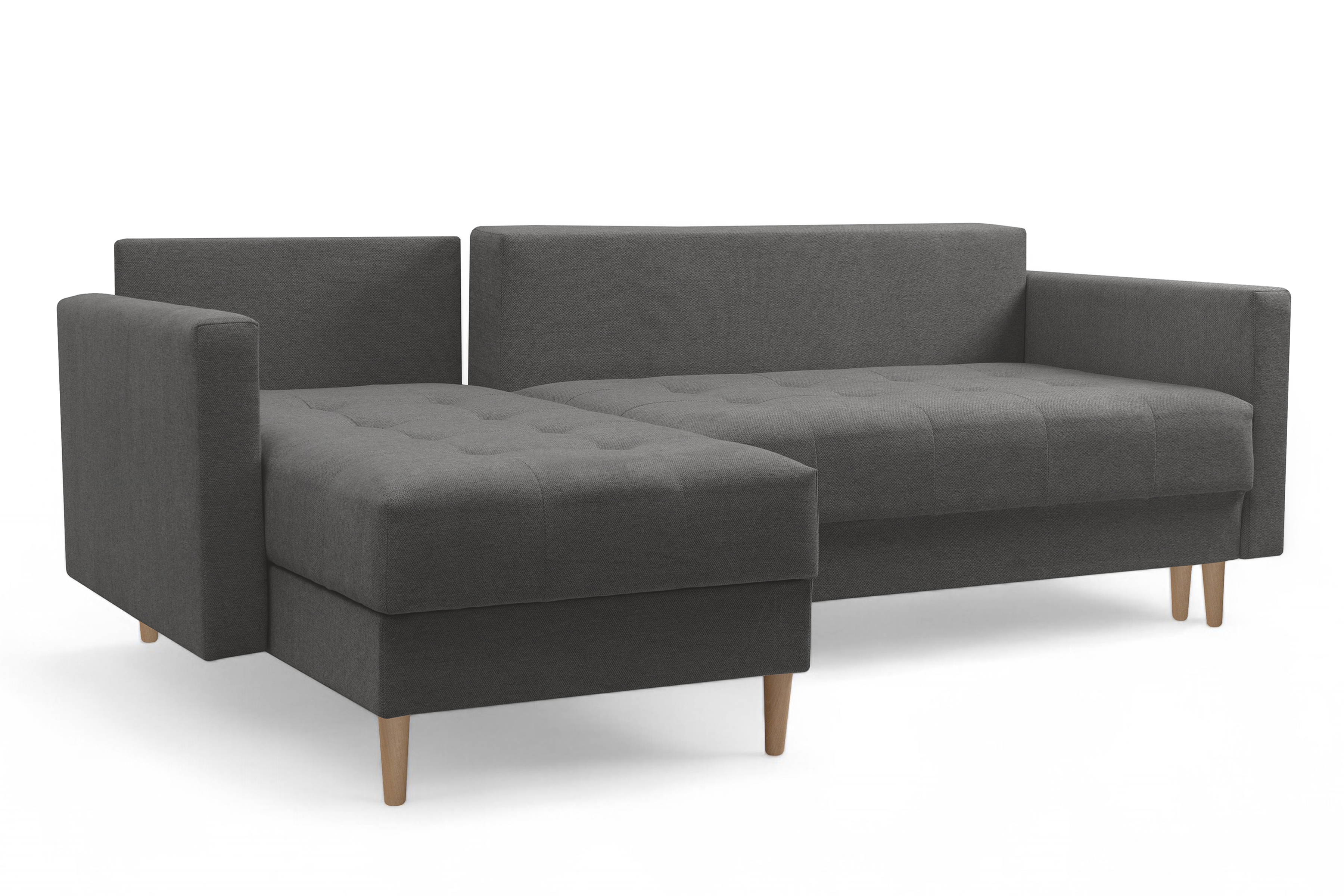 Rohová rozkladacia sedačka Romano L univerzálna – tmavosivá pletená látka Gemma 93 / bukové nožičky Rohová sedacia súprava Romano L rozkladany uniwersalny prawo/Ľavá strana - ciemno šedá plecionka Gemma 93