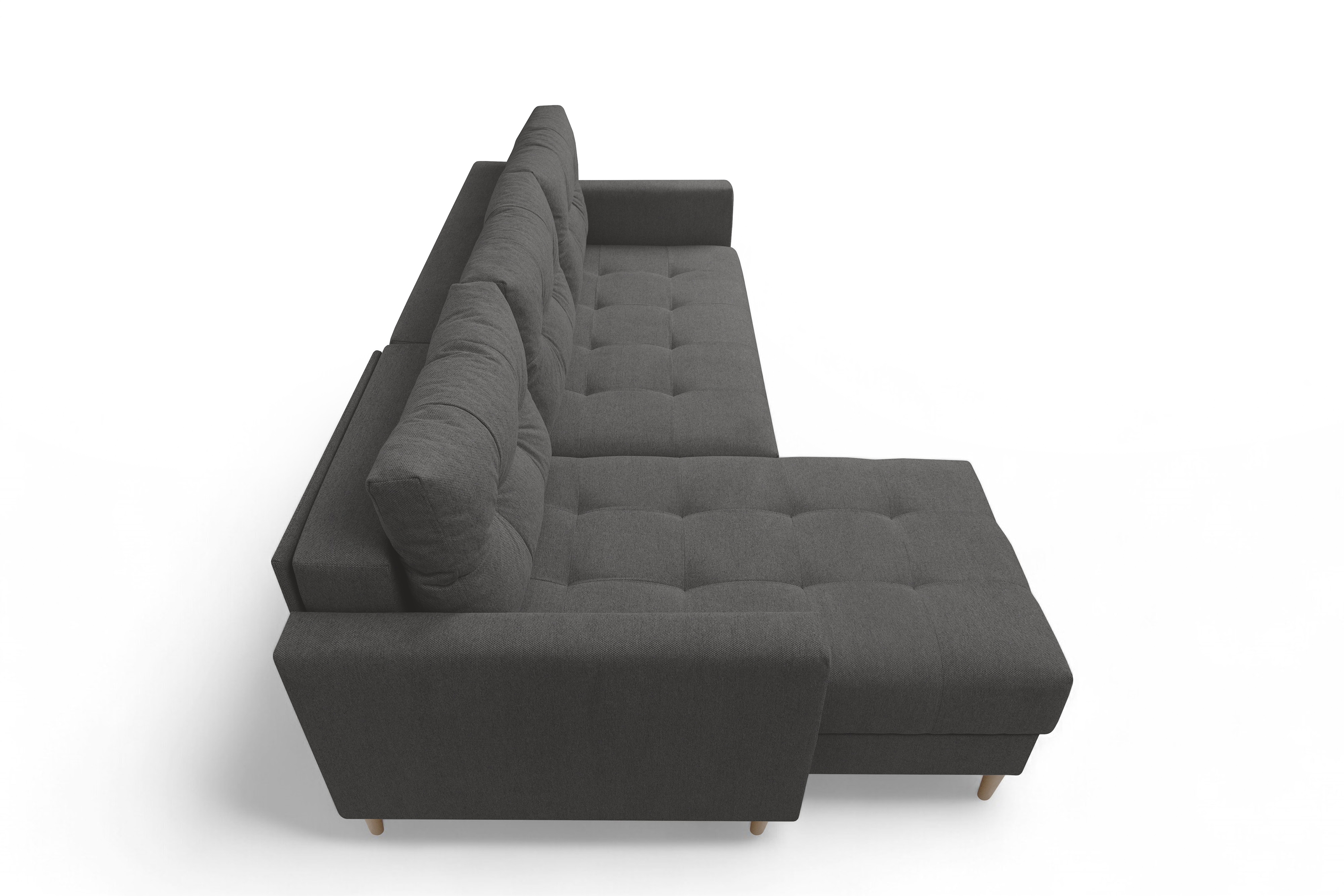 Rohová rozkladacia sedačka Romano L univerzálna – tmavosivá pletená látka Gemma 93 / bukové nožičky Rohová sedacia súprava Romano L rozkladany uniwersalny prawo/Ľavá strana - ciemno šedá plecionka Gemma 93