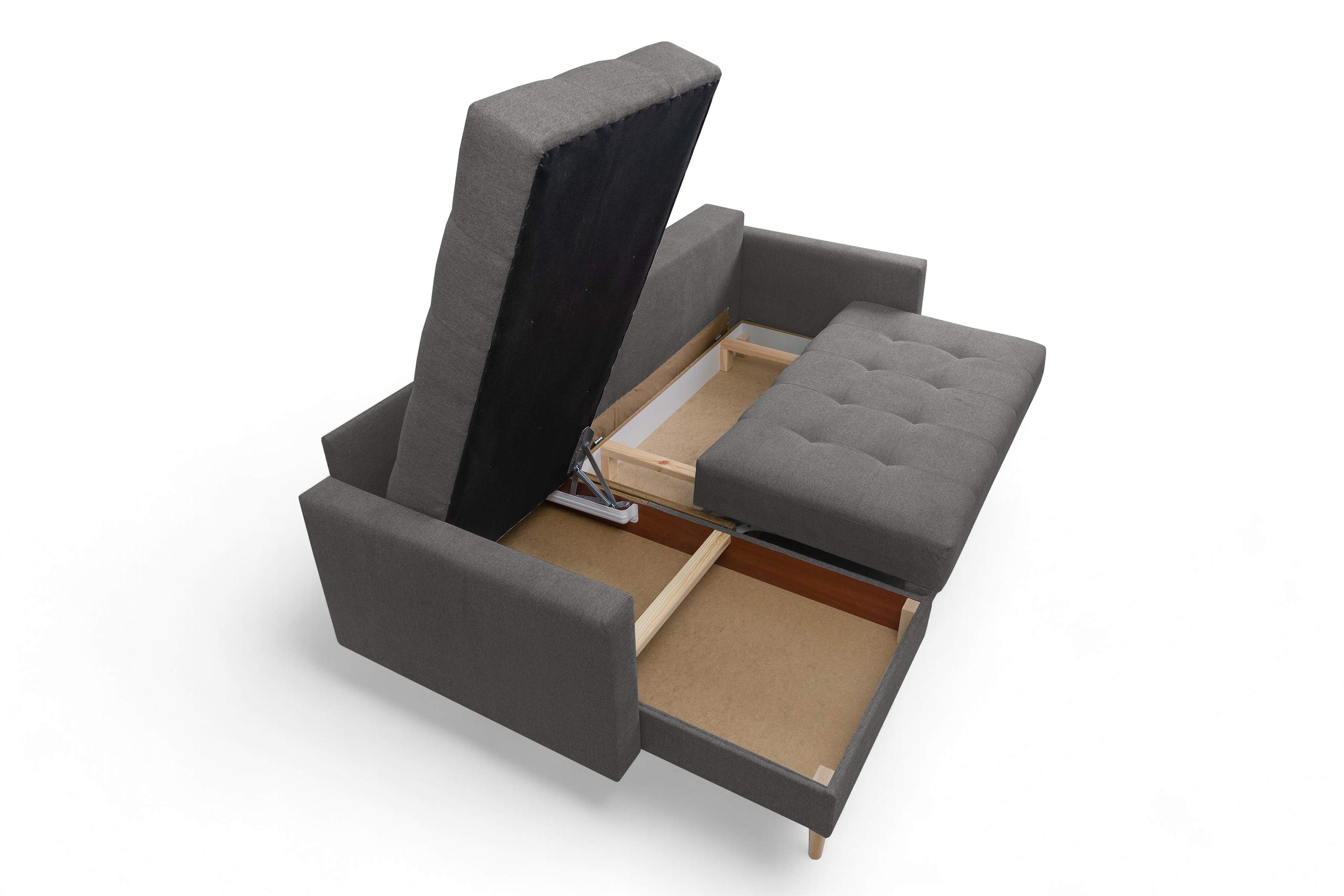 Rohová rozkladacia sedačka Romano L univerzálna – tmavosivá pletená látka Gemma 93 / bukové nožičky Rohová sedacia súprava Romano L rozkladany uniwersalny prawo/Ľavá strana - ciemno šedá plecionka Gemma 93