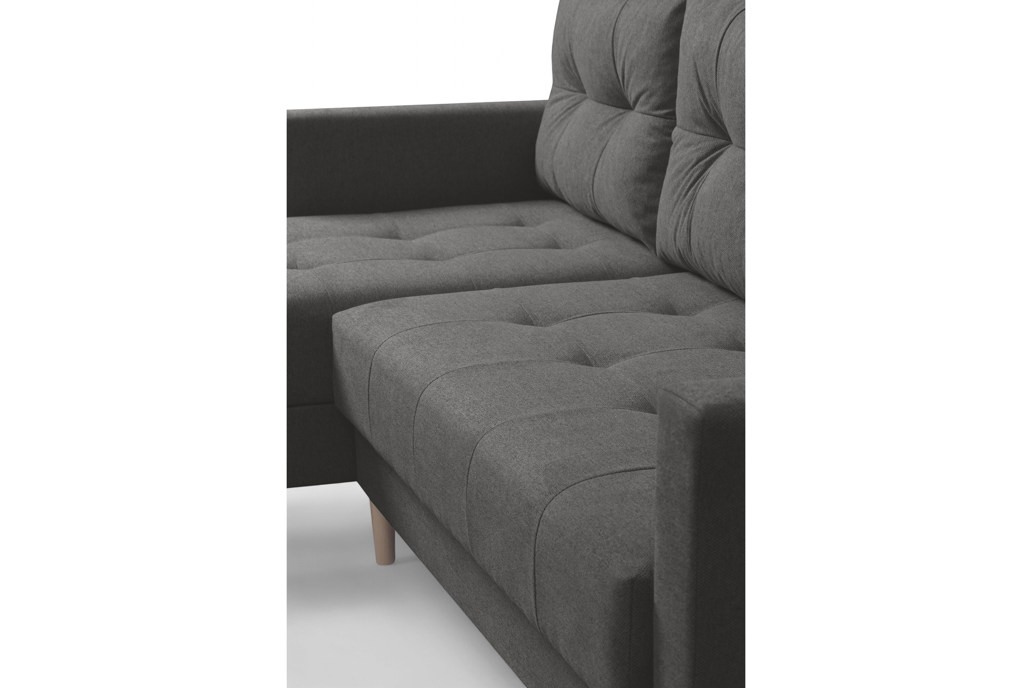 Rohová rozkladacia sedačka Romano L univerzálna – tmavosivá pletená látka Gemma 93 / bukové nožičky Rohová sedacia súprava Romano L rozkladany uniwersalny prawo/Ľavá strana - ciemno šedá plecionka Gemma 93