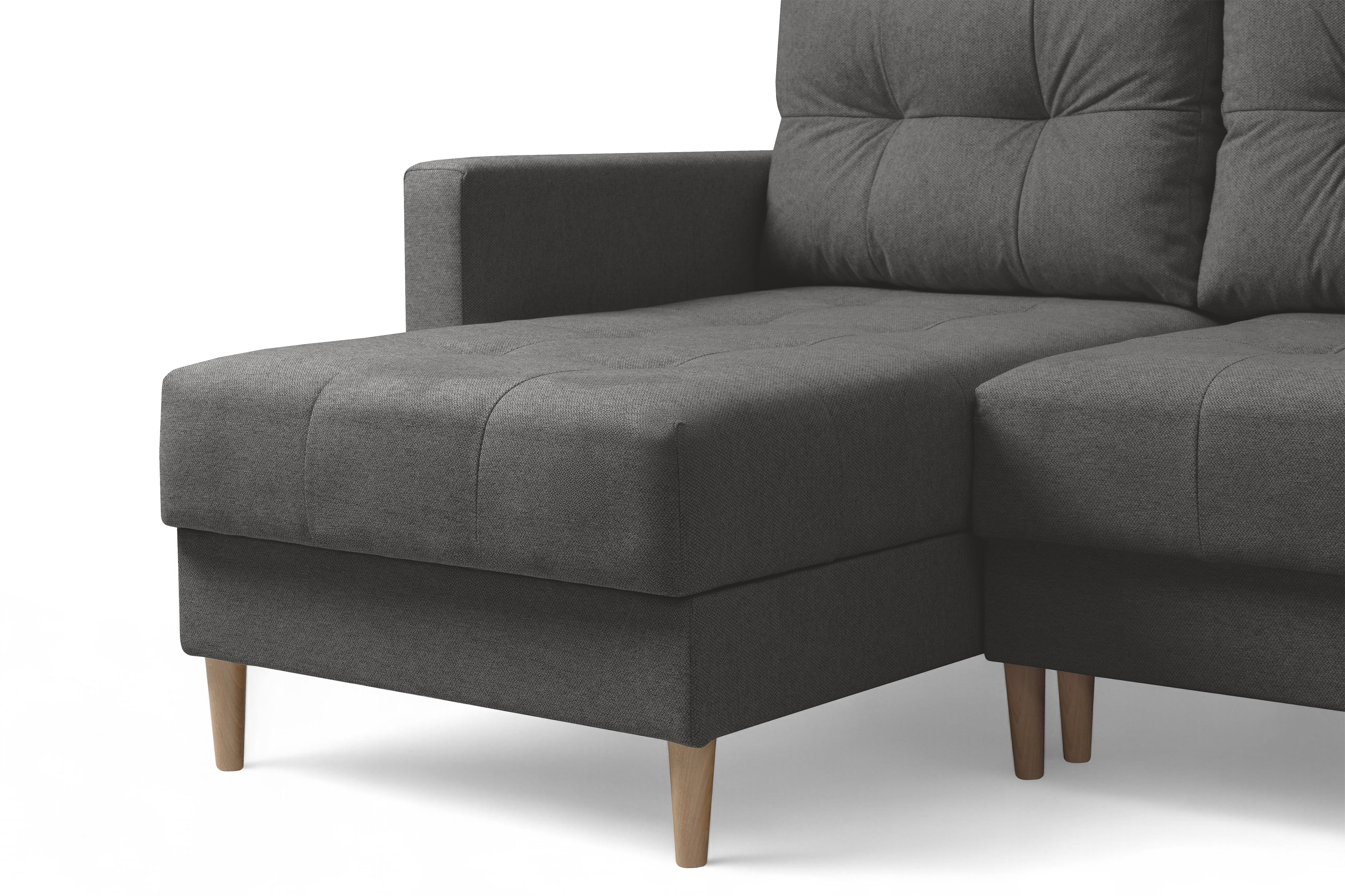 Rohová rozkladacia sedačka Romano L univerzálna – tmavosivá pletená látka Gemma 93 / bukové nožičky Rohová sedacia súprava Romano L rozkladany uniwersalny prawo/Ľavá strana - ciemno šedá plecionka Gemma 93