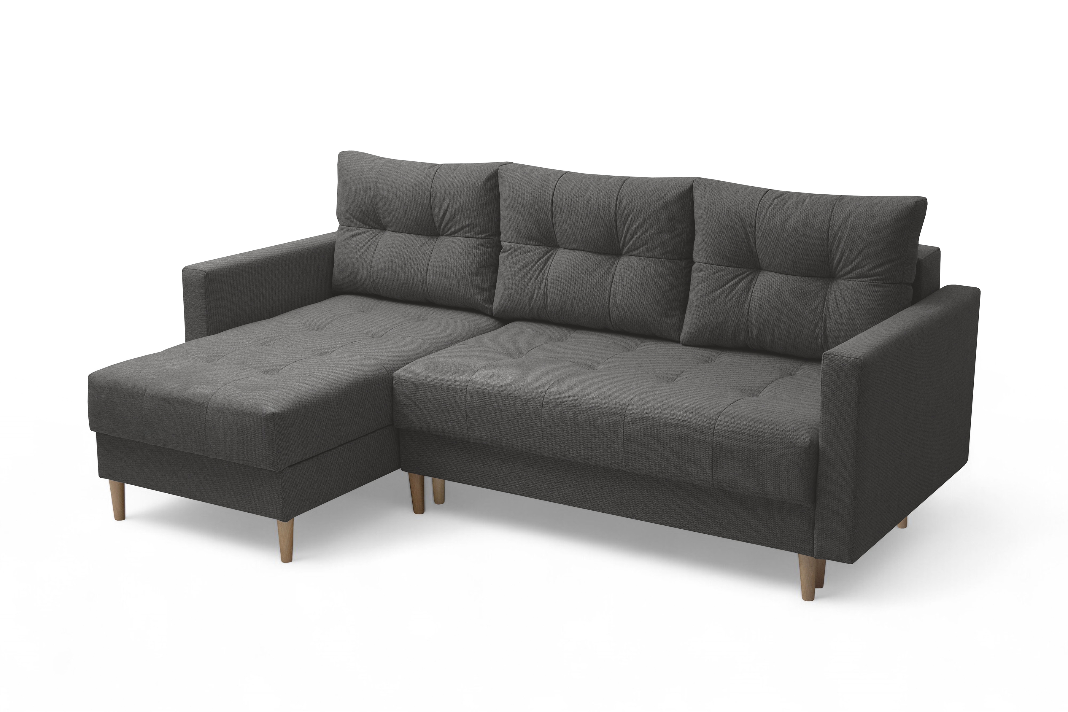 Rohová rozkladacia sedačka Romano L univerzálna – tmavosivá pletená látka Gemma 93 / bukové nožičky Rohová sedacia súprava Romano L rozkladany uniwersalny prawo/Ľavá strana - ciemno šedá plecionka Gemma 93