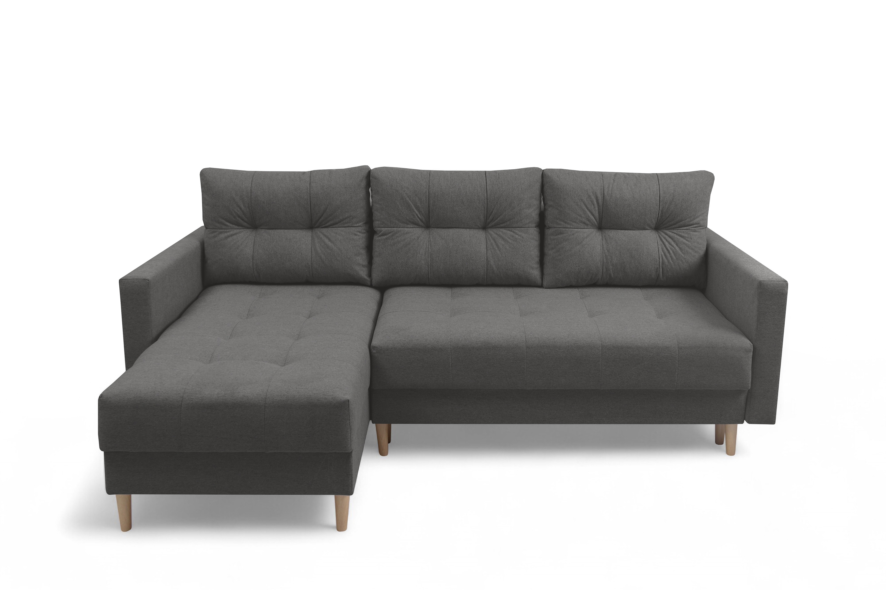 Rohová rozkladacia sedačka Romano L univerzálna – tmavosivá pletená látka Gemma 93 / bukové nožičky Rohová sedacia súprava Romano L rozkladany uniwersalny prawo/Ľavá strana - ciemno šedá plecionka Gemma 93