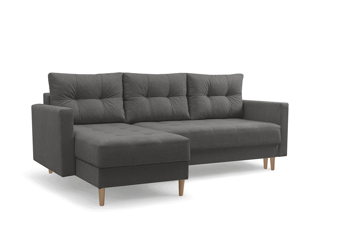 Rohová rozkladacia sedačka Romano L univerzálna – tmavosivá pletená látka Gemma 93 / bukové nožičky Rohová sedacia súprava Romano L rozkladany uniwersalny prawo/Ľavá strana - ciemno šedá plecionka Gemma 93