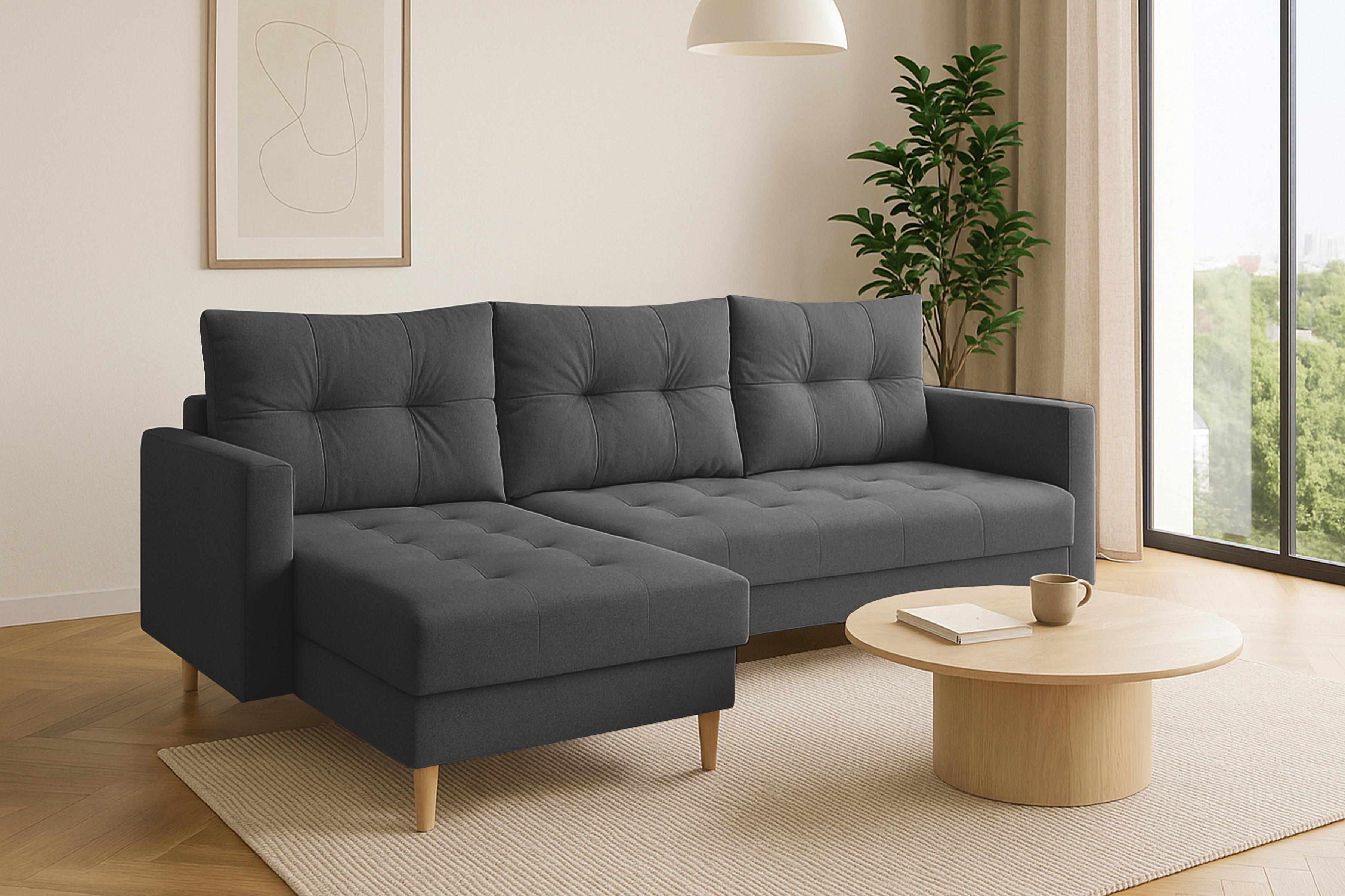 Rohová rozkladacia sedačka Romano L univerzálna – tmavosivá pletená látka Gemma 93 / bukové nožičky Rohová sedacia súprava Romano L rozkladany uniwersalny prawo/Ľavá strana - ciemno šedá plecionka Gemma 93