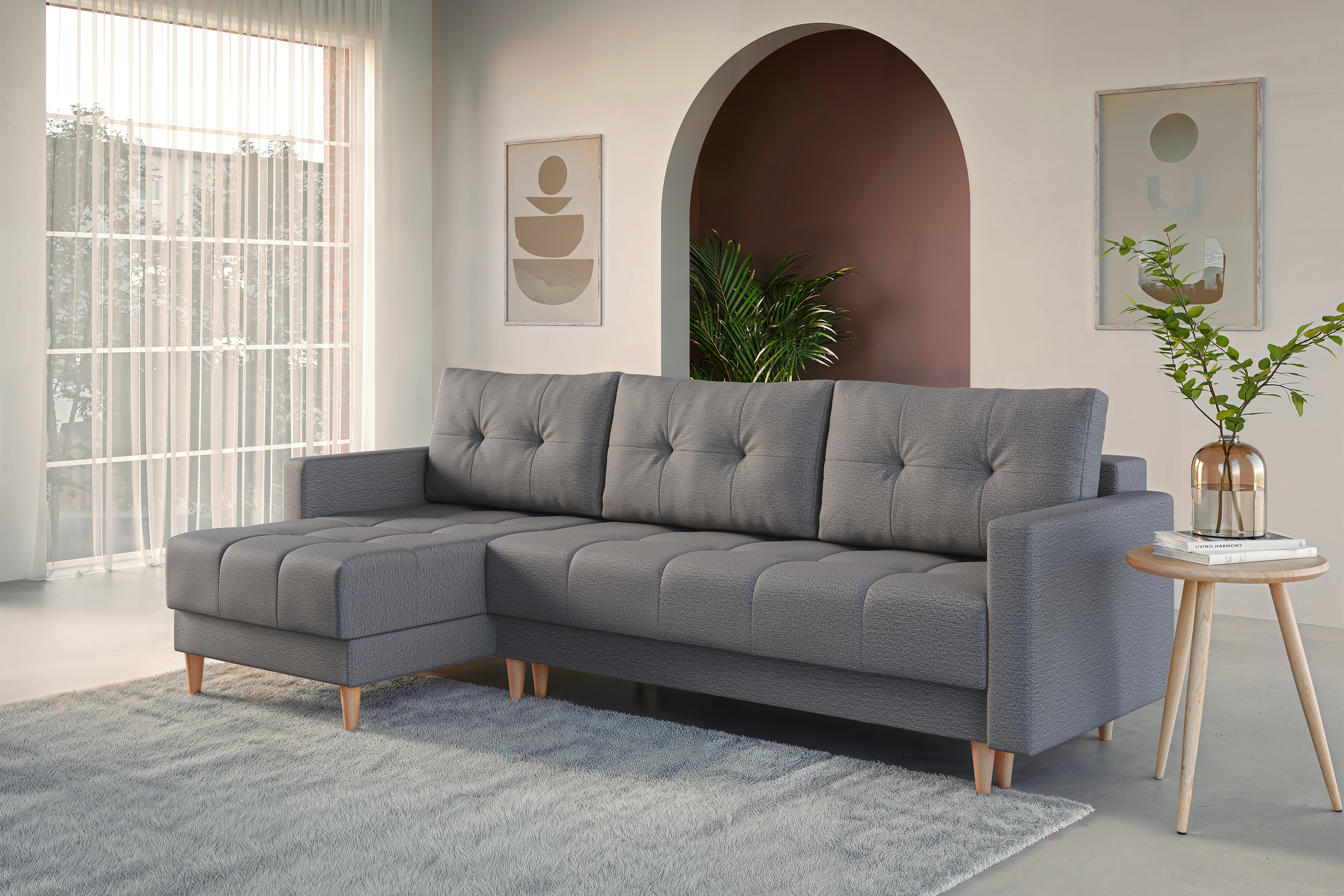 Rohová rozkladacia sedačka Romano L univerzálna – sivá pletená látka Gemma 86 / bukové nožičky Rohová sedacia súprava Romano L rozkladany uniwersalny prawo/Ľavá strana - šedá plecionka Gemma 86 / buk 