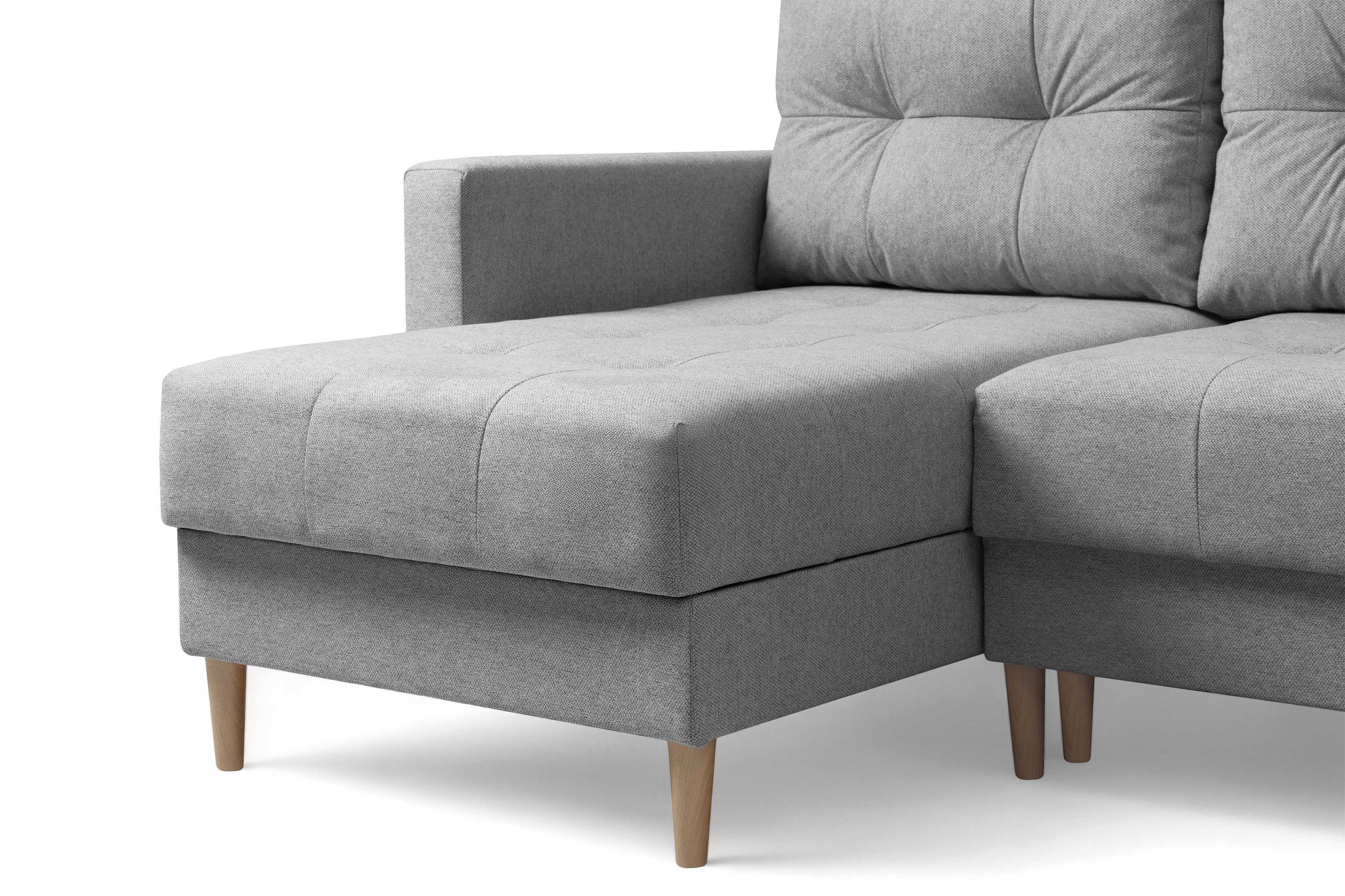 Rohová rozkladacia sedačka Romano L univerzálna – sivá pletená látka Gemma 86 / bukové nožičky Rohová sedacia súprava Romano L rozkladany uniwersalny prawo/Ľavá strana - šedá plecionka Gemma 86