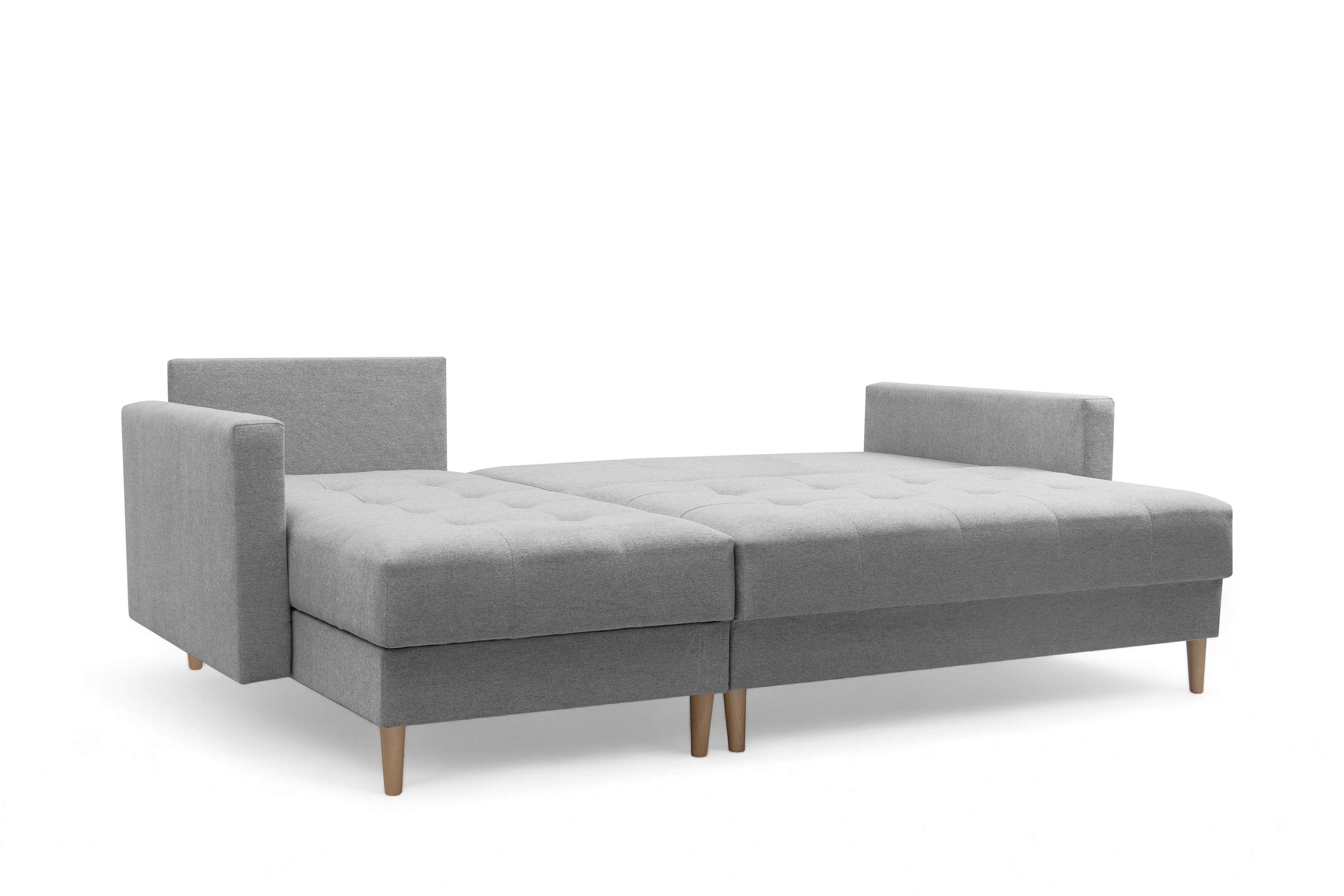 Rohová rozkladacia sedačka Romano L univerzálna – sivá pletená látka Gemma 86 / bukové nožičky Rohová sedacia súprava Romano L rozkladany uniwersalny prawo/Ľavá strana - šedá plecionka Gemma 86